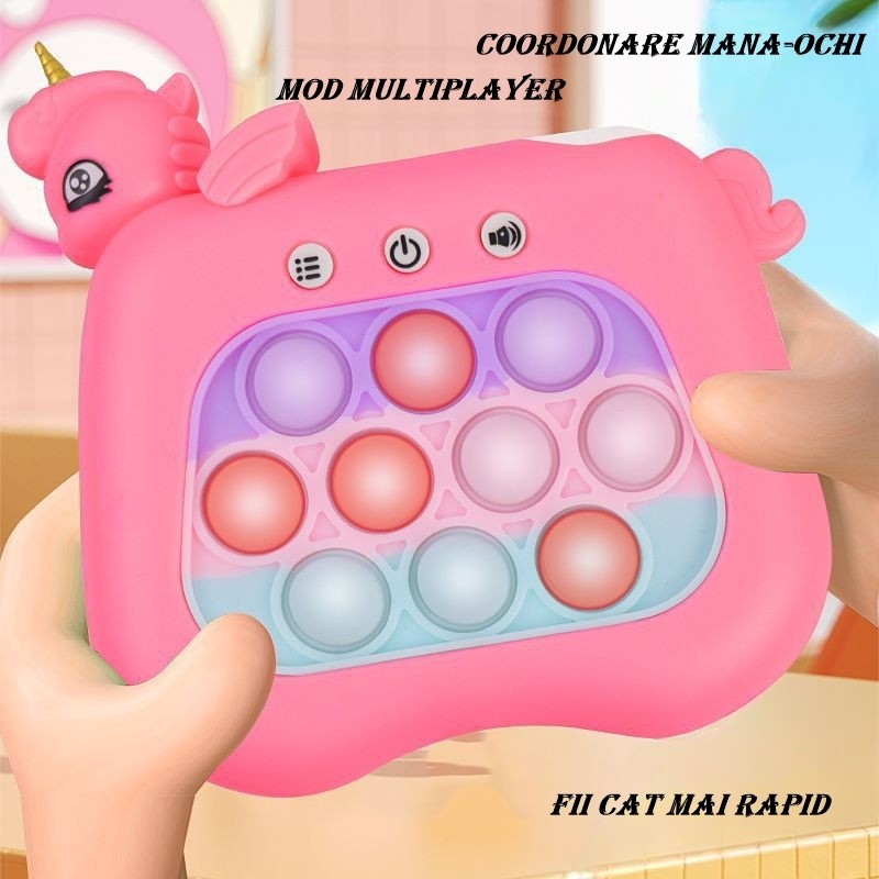 Jucarie Interactiva Tip Consola pentru Copii, Flippy, Diferite Moduri de Joc, 120 Nivele, Material ABS/silicon, Sunete si Lumini, 13.5 x 5.5 x 12.5 cm, Model Unicorn, Fucsia-2