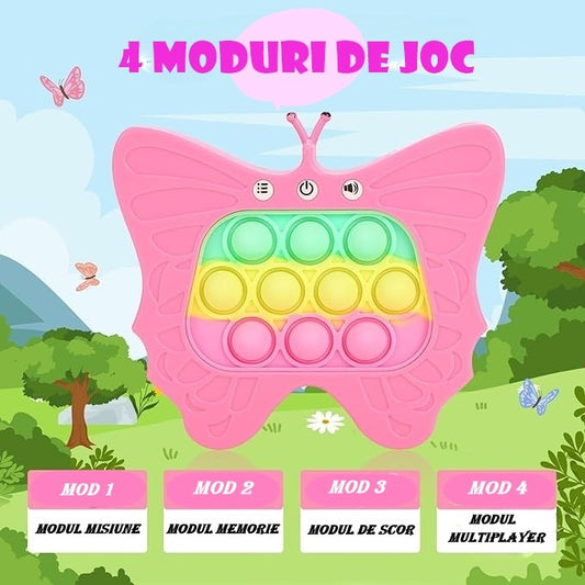 Jucarie Interactiva Tip Consola pentru Copii, Flippy, Diferite Moduri de Joc, 120 Nivele, Material ABS/silicon, Sunete si Lumini, 12 x 5.5 x 13.5 cm, Model Fluture, Fucsia-1