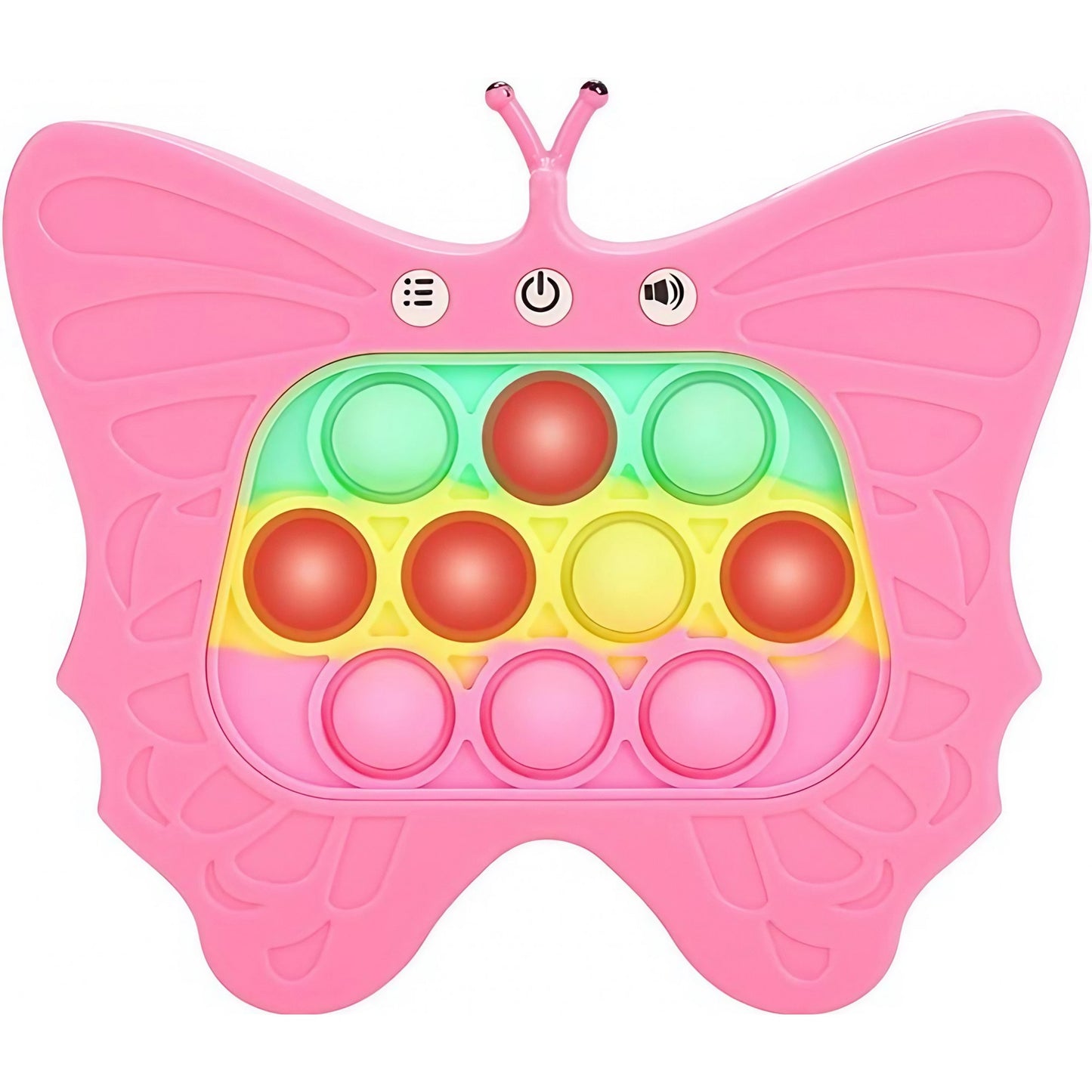 Jucarie Interactiva Tip Consola pentru Copii, Flippy, Diferite Moduri de Joc, 120 Nivele, Material ABS/silicon, Sunete si Lumini, 12 x 5.5 x 13.5 cm, Model Fluture, Fucsia-0