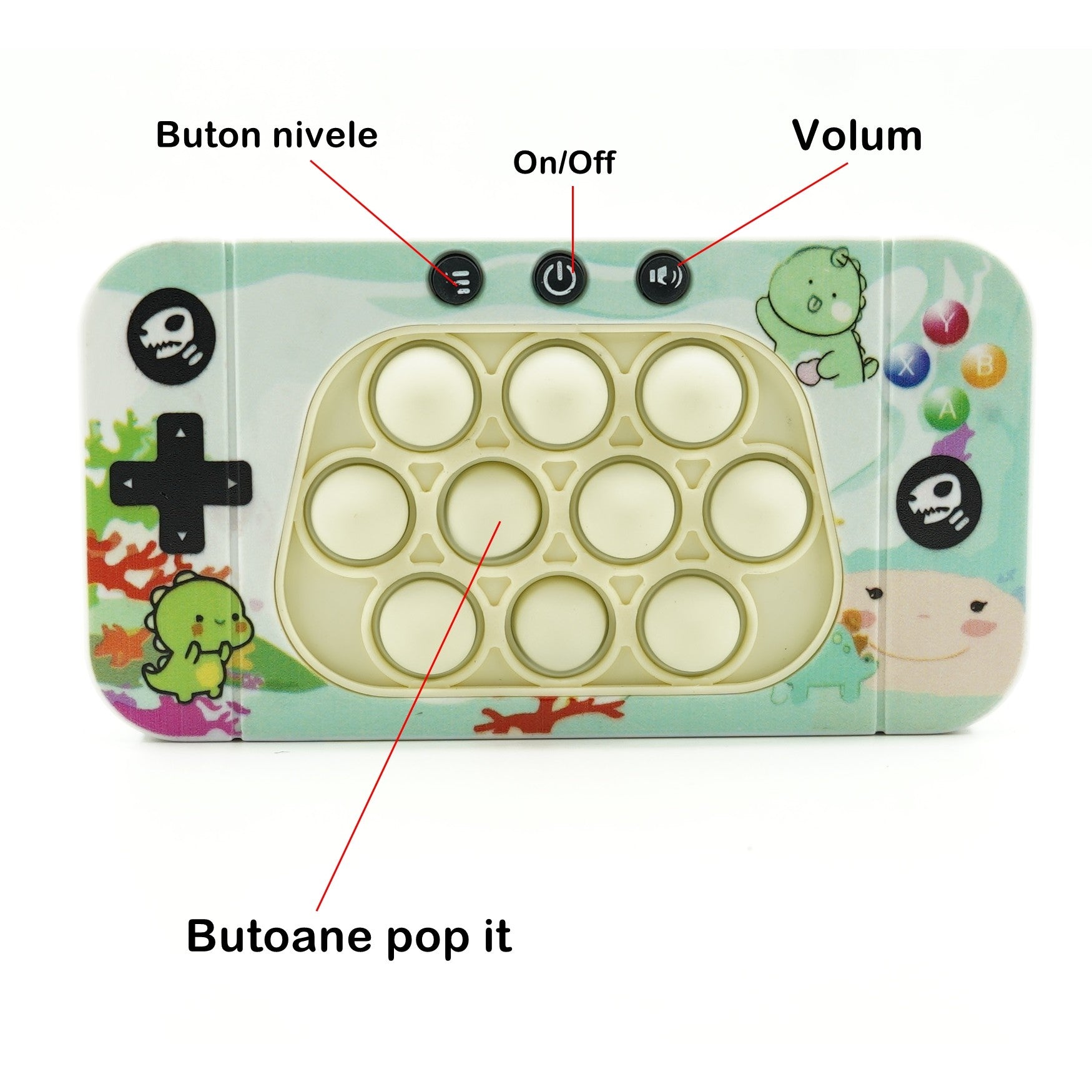 Jucarie interactiva tip consola pentru copii Flippy, speed push whack-a-mole, joc de viteza pop it, material ABS/silicon, cu nivele, sunete si lumini, 15.5 x 7.6 x 5.3 cm, model dinozaur, verde-4