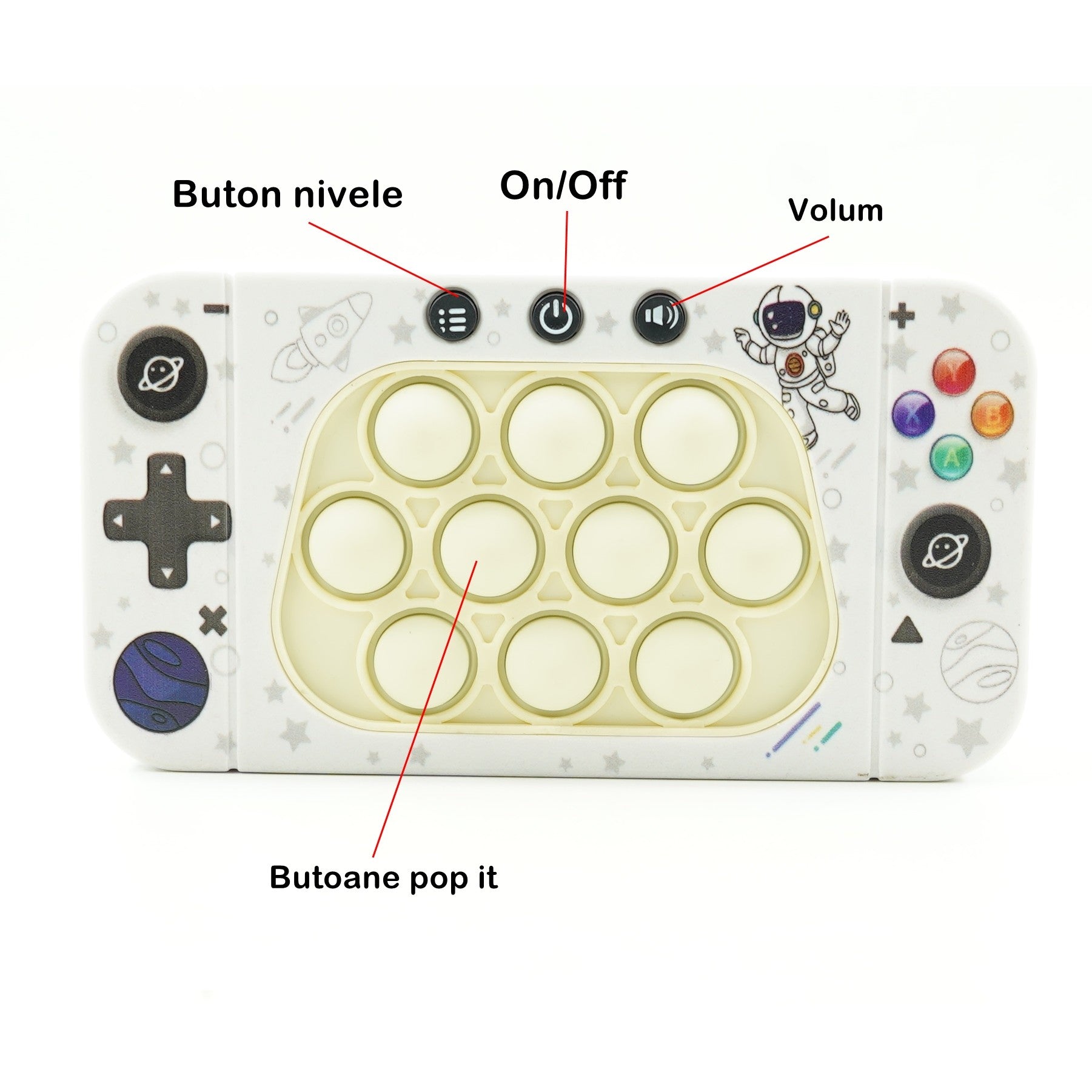 Jucarie interactiva tip consola pentru copii Flippy, speed push whack-a-mole, joc de viteza pop it, material ABS/silicon, cu nivele, sunete si lumini, 15.5 x 7.6 x 5.3 cm, model astronaut, alb-4