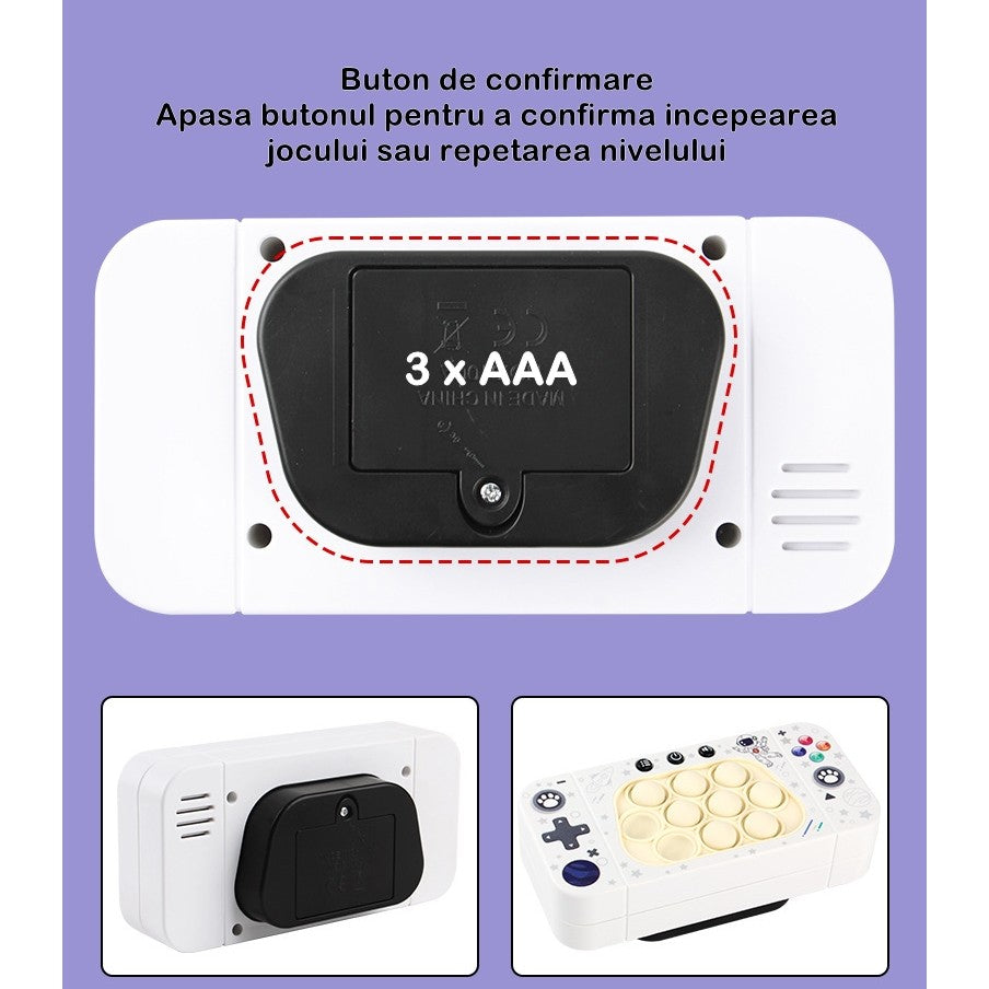 Jucarie interactiva tip consola pentru copii Flippy, speed push whack-a-mole, joc de viteza pop it, material ABS/silicon, cu nivele, sunete si lumini, 15.5 x 7.6 x 5.3 cm, model astronaut, alb-5