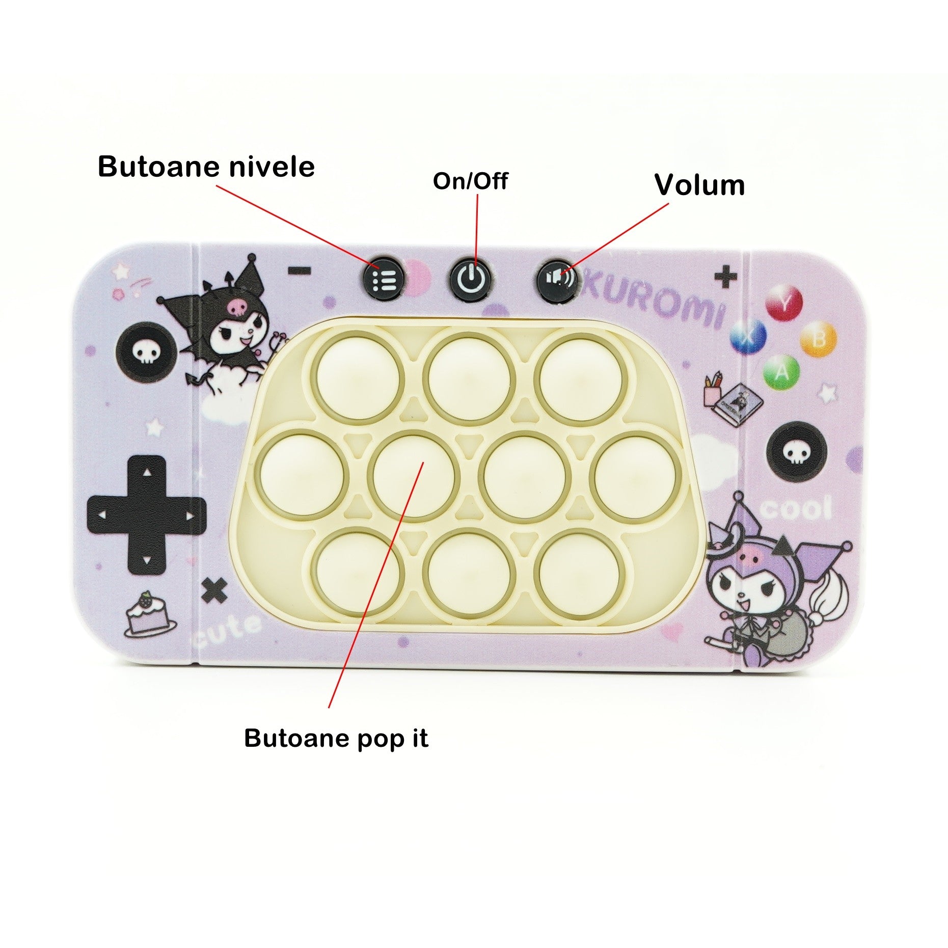 Jucarie interactiva tip consola pentru copii Flippy, speed push whack-a-mole, joc de viteza pop it, material ABS/silicon, cu nivele, sunete si lumini, 15.5 x 7.6 x 5.3 cm, model elfi, mov-5