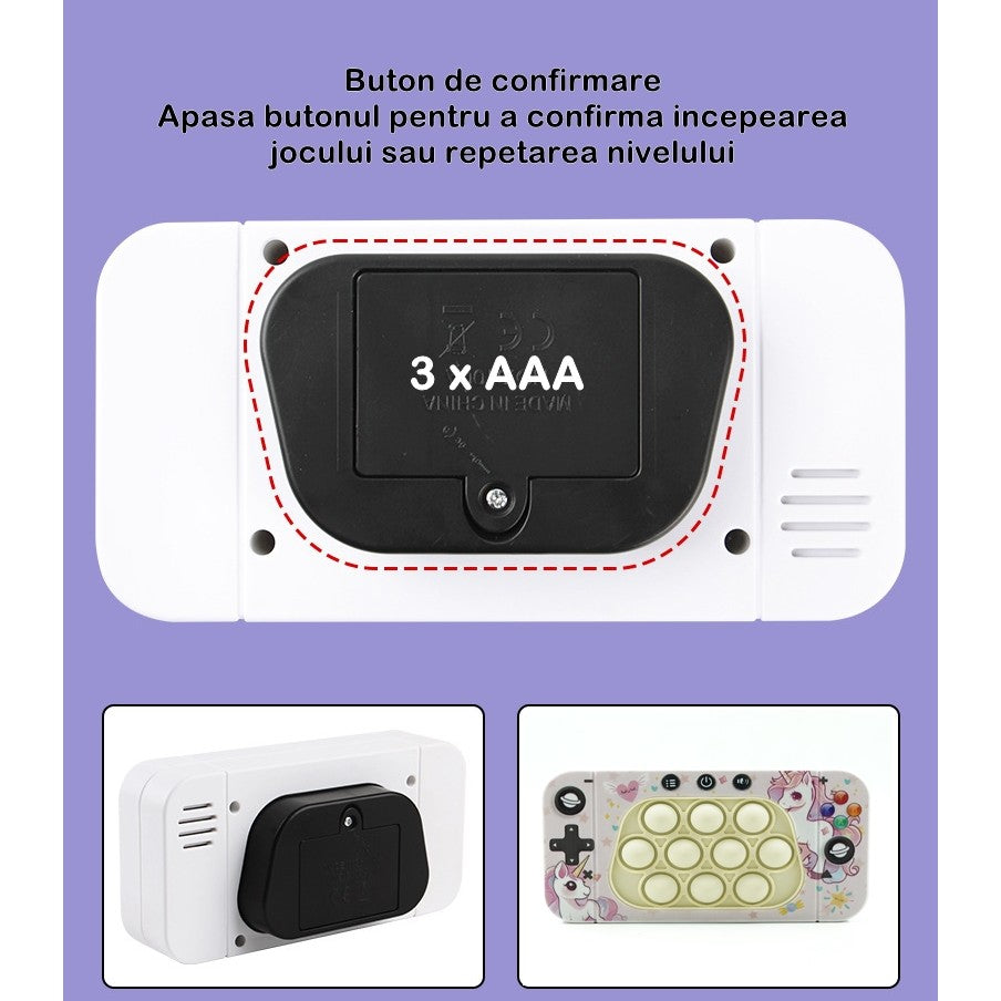 Jucarie interactiva tip consola pentru copii Flippy, speed push whack-a-mole, joc de viteza pop it, material ABS/silicon, cu nivele, sunete si lumini, 15.5 x 7.6 x 5.3 cm, model unicorn, roz-5