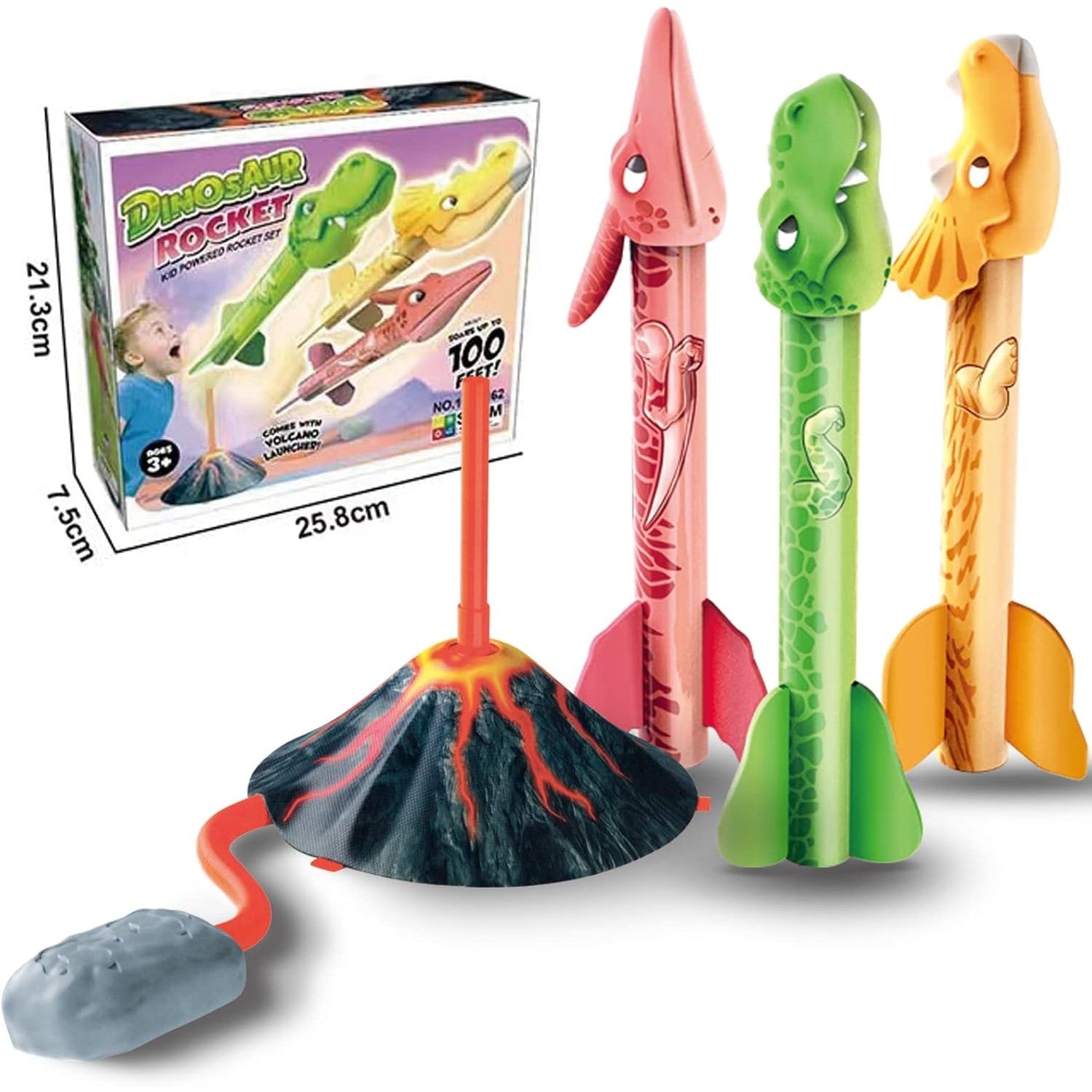 Jucarie pentru Copii, Flippy, Lansator de Rachete cu Piciorul, un Singur Lansator, 3 Rachete Donozauri cu Lumini, 30 cm Inaltime, Model Vulcan, Multicolor-2