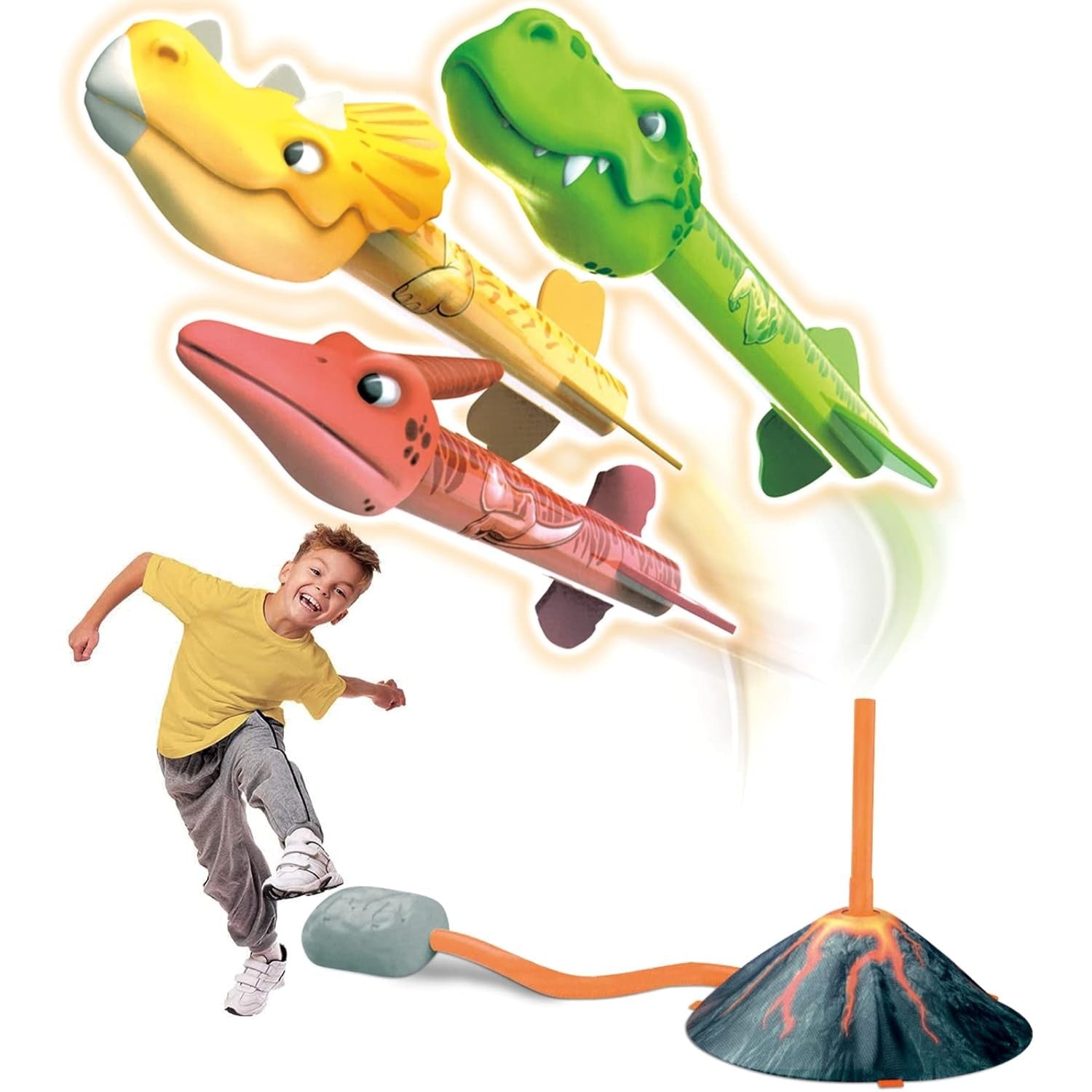 Jucarie pentru Copii, Flippy, Lansator de Rachete cu Piciorul, un Singur Lansator, 3 Rachete Donozauri cu Lumini, 30 cm Inaltime, Model Vulcan, Multicolor-3