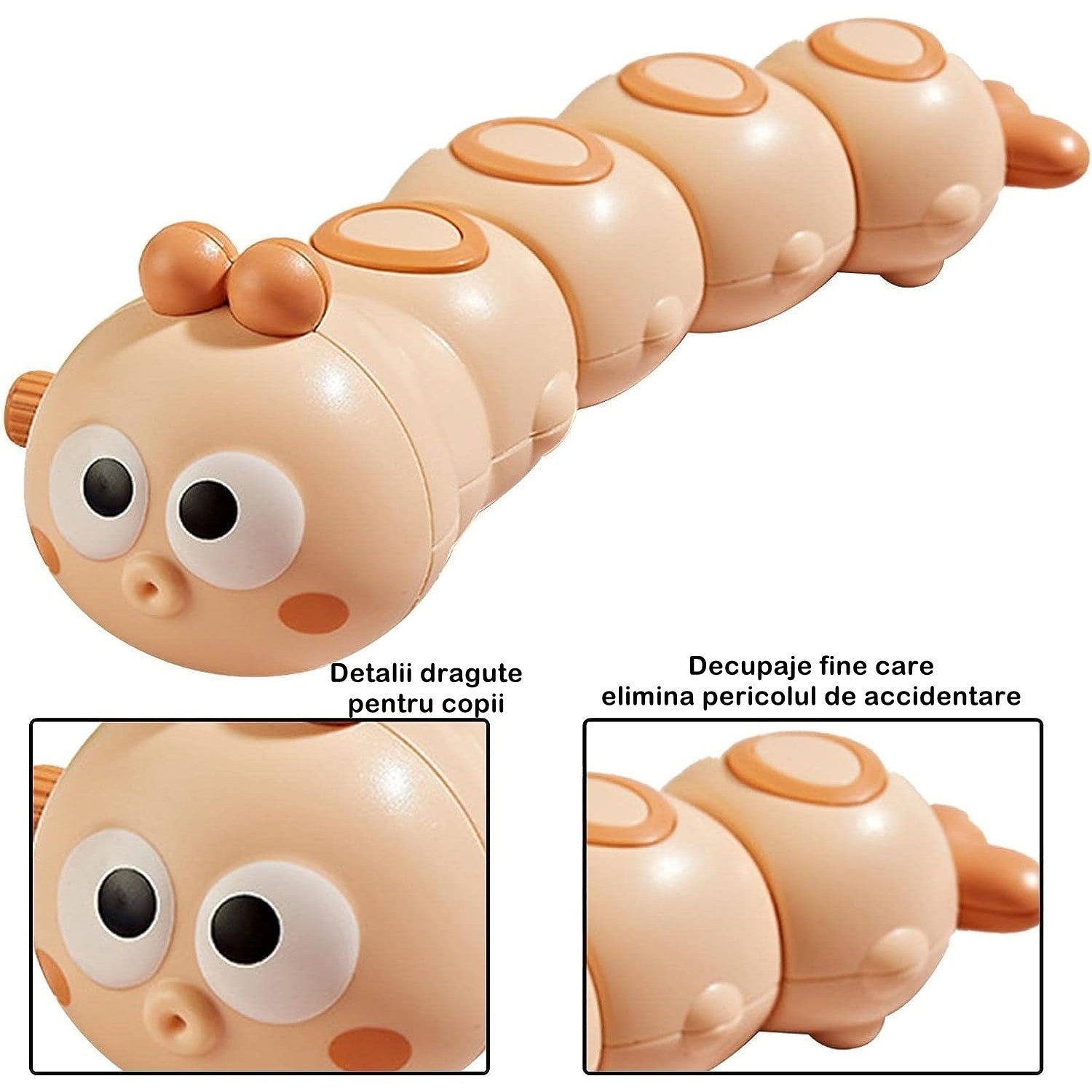 Jucarie mecanica pentru copii Flippy, omida haioasa, cu cheita, distractiva, se taraste, se misca, 15 x 4 cm, portocaliu-2