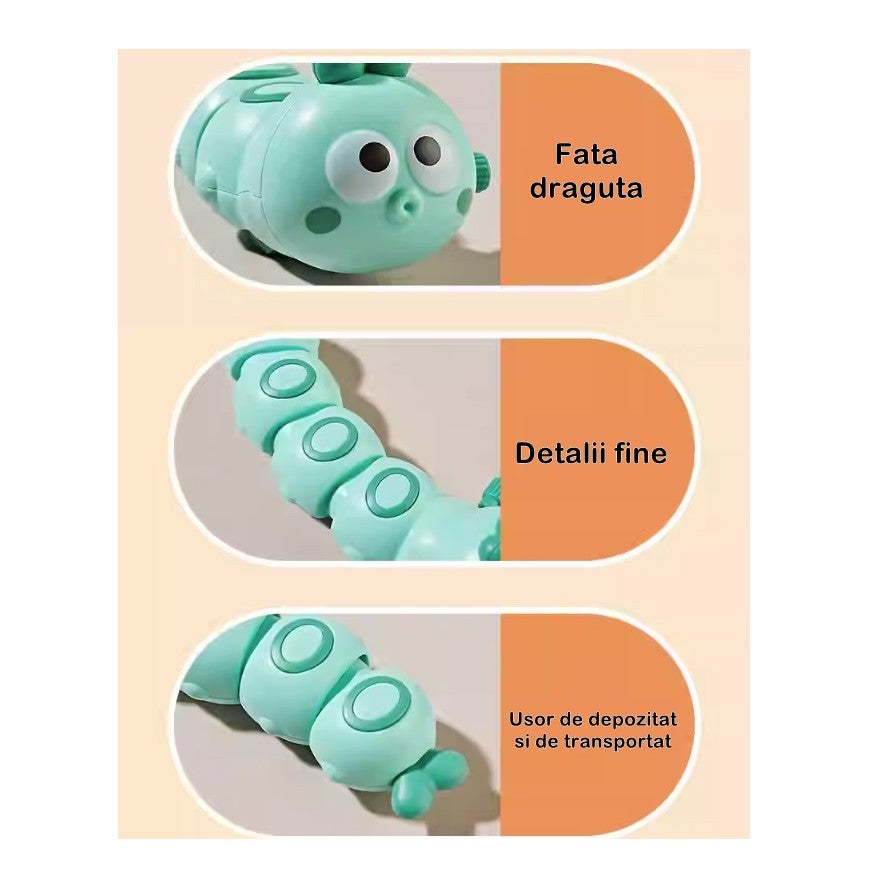 Jucarie mecanica pentru copii Flippy, omida haioasa, cu cheita, distractiva, se taraste, se misca, 15 x 4 cm, verde-3