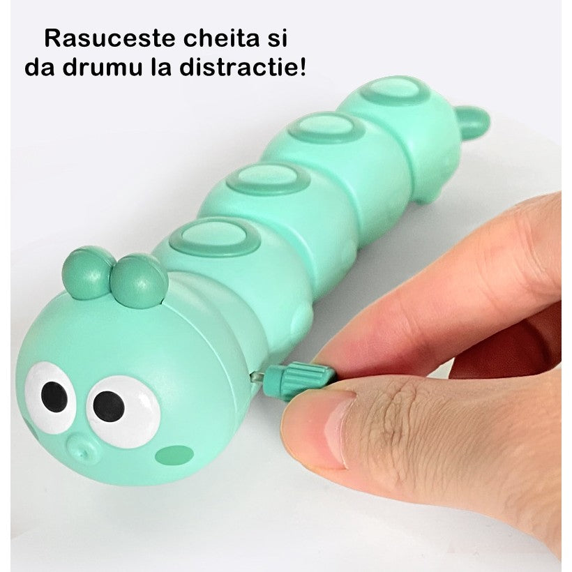 Jucarie mecanica pentru copii Flippy, omida haioasa, cu cheita, distractiva, se taraste, se misca, 15 x 4 cm, verde-5