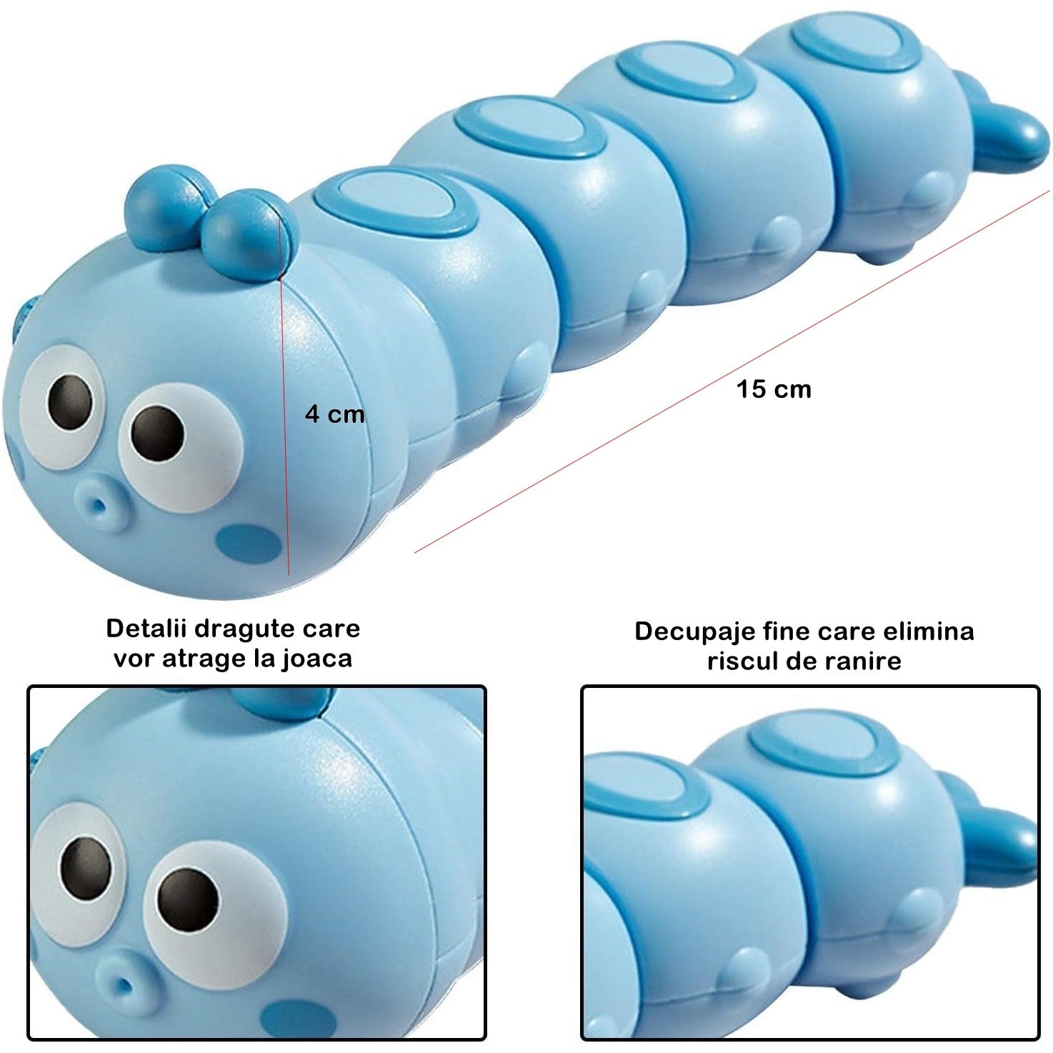 Jucarie mecanica pentru copii Flippy, omida haioasa, material ABS, cu cheita, distractiva, se taraste, se misca, 15 x 4 cm, albastru-1
