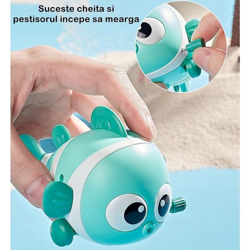 Jucarie mecanica pentru copii Flippy, pestisor haios, cu cheita, distractiv, se taraste, se misca, 11 x 9 x 7.5 cm cm, verde-5