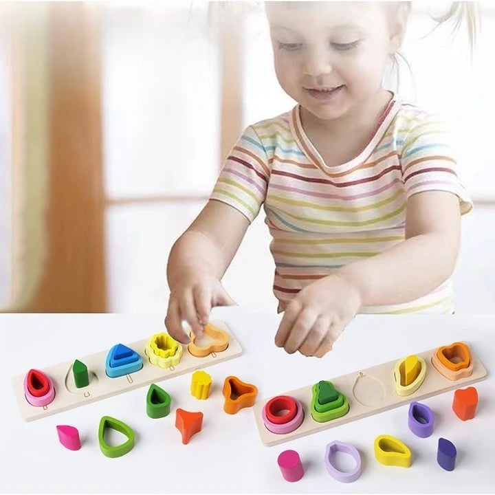 Jucarie Montessori din Lemn, Flippy, Tip Puzzle, cu 5 Forme Asimetrice, 15 Piese, Educativa, Interactiva, Creativa, Model Copaci, Materiale Non Toxice, +2 Ani, 29x6.5 cm, Multicolor-4