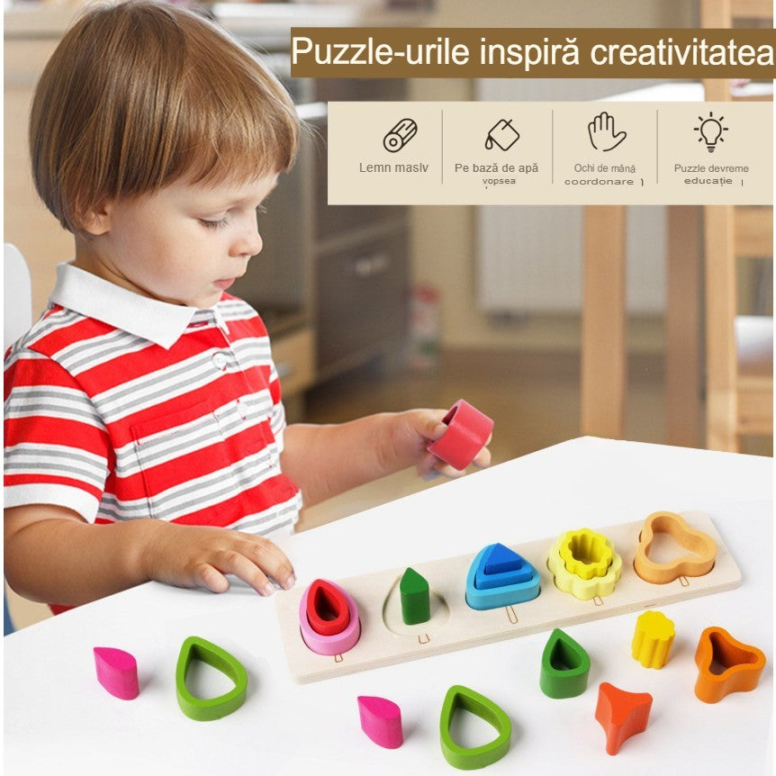 Jucarie Montessori din Lemn, Flippy, Tip Puzzle, cu 5 Forme Asimetrice, 15 Piese, Educativa, Interactiva, Creativa, Model Copaci, Materiale Non Toxice, +2 Ani, 29x6.5 cm, Multicolor-5