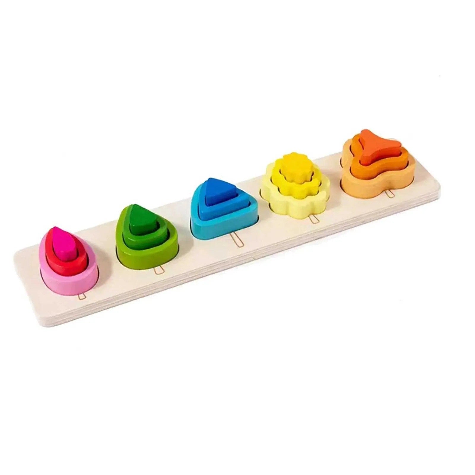 Jucarie Montessori din Lemn, Flippy, Tip Puzzle, cu 5 Forme Asimetrice, 15 Piese, Educativa, Interactiva, Creativa, Model Copaci, Materiale Non Toxice, +2 Ani, 29x6.5 cm, Multicolor-6