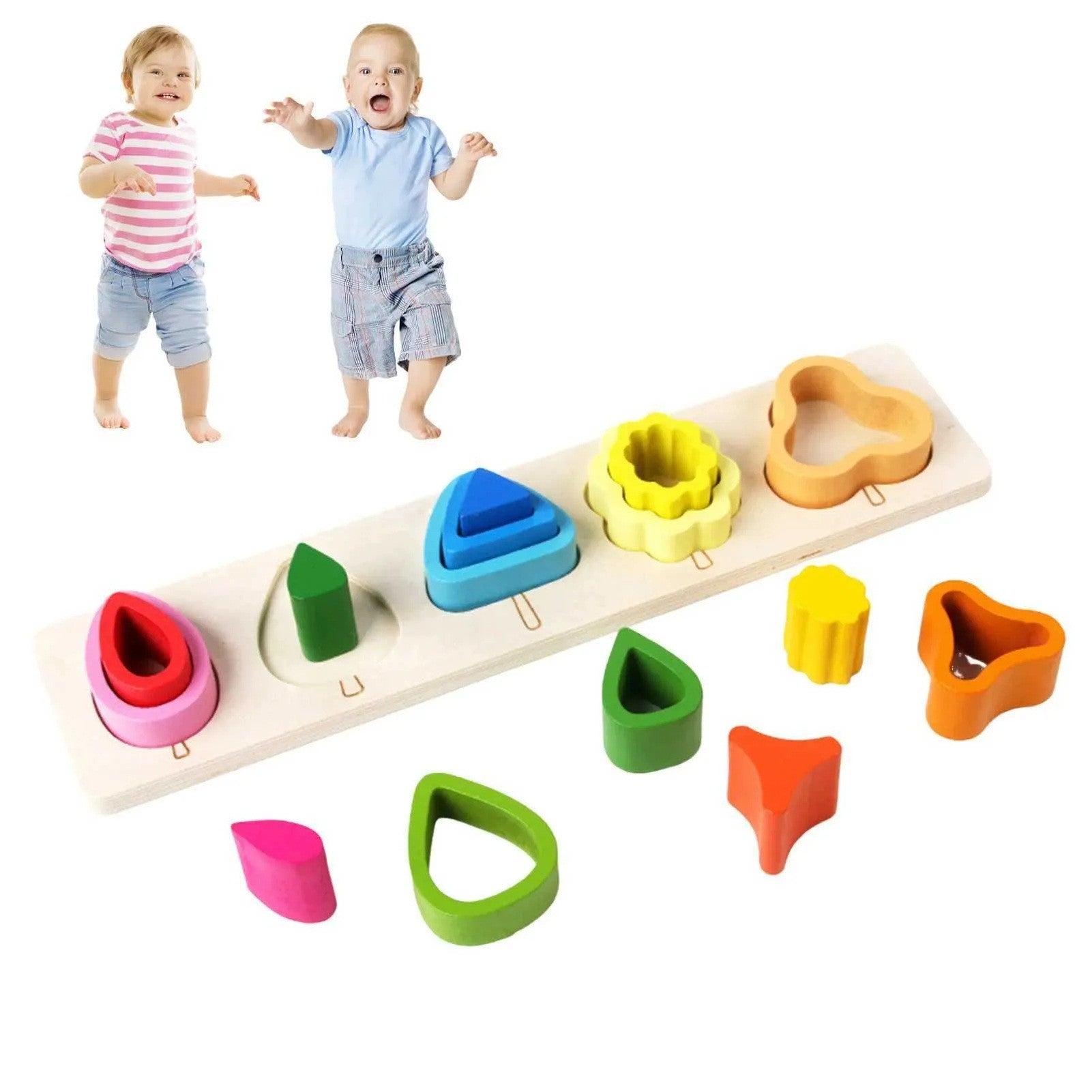 Jucarie Montessori din Lemn, Flippy, Tip Puzzle, cu 5 Forme Asimetrice, 15 Piese, Educativa, Interactiva, Creativa, Model Copaci, Materiale Non Toxice, +2 Ani, 29x6.5 cm, Multicolor-7