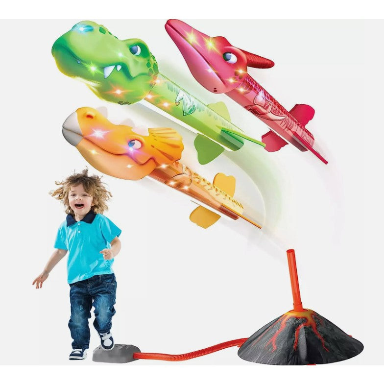 Jucarie pentru Copii, Flippy, Lansator de Rachete cu Piciorul, un Singur Lansator, 3 Rachete Donozauri cu Lumini, 30 cm Inaltime, Model Vulcan, Multicolor-4