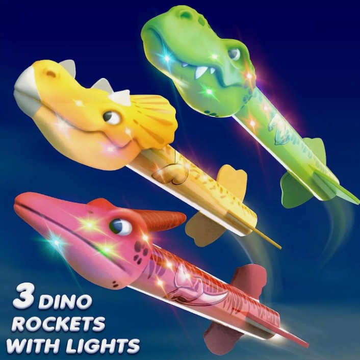 Jucarie pentru Copii, Flippy, Lansator de Rachete cu Piciorul, un Singur Lansator, 3 Rachete Donozauri cu Lumini, 30 cm Inaltime, Model Vulcan, Multicolor-6