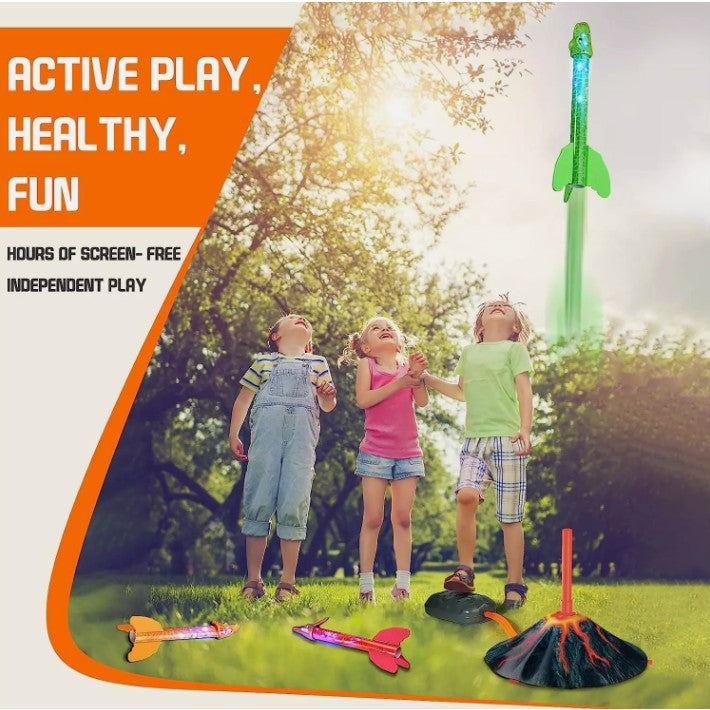 Jucarie pentru Copii, Flippy, Lansator de Rachete cu Piciorul, un Singur Lansator, 3 Rachete Donozauri cu Lumini, 30 cm Inaltime, Model Vulcan, Multicolor-10