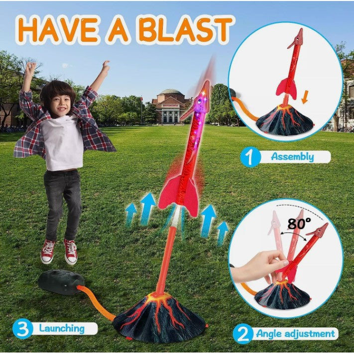 Jucarie pentru Copii, Flippy, Lansator de Rachete cu Piciorul, un Singur Lansator, 3 Rachete Donozauri cu Lumini, 30 cm Inaltime, Model Vulcan, Multicolor-11
