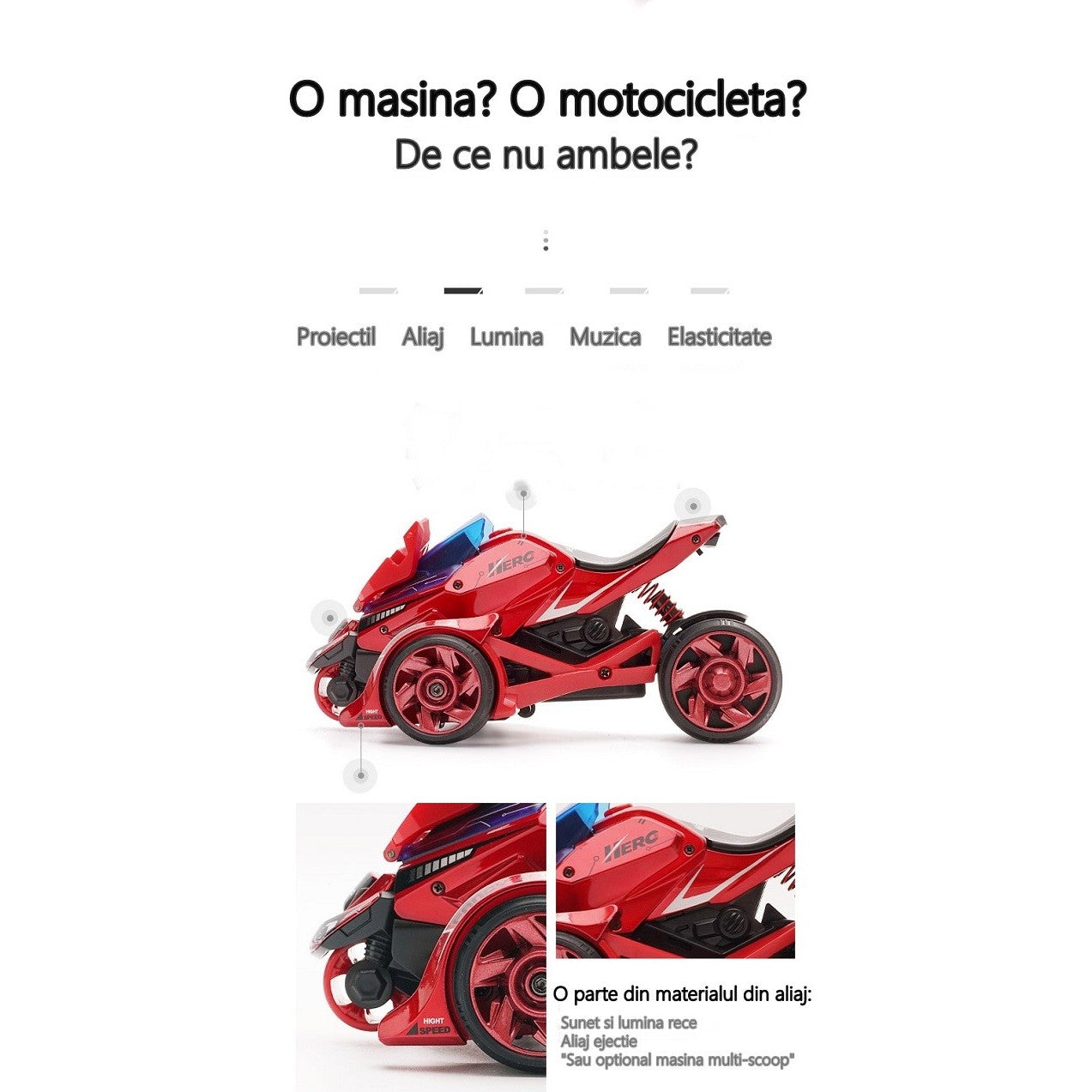 Jucarie pentru copii, masina cu extensie de motocicleta, 2 in 1, rosie-3