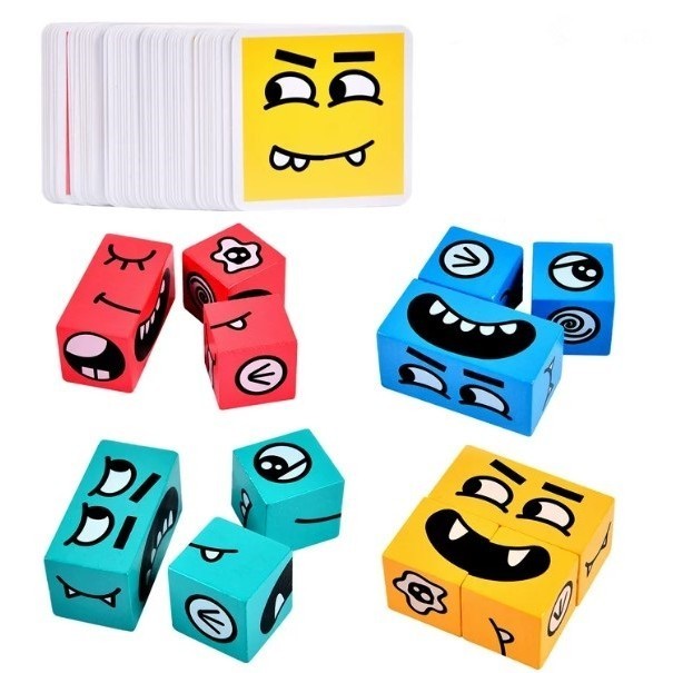 Jucarie Pentru Copii Montessori Flippy, Cub din Lemn, Asamblare Fete, 64 de Carti Distractive, Clepsidra si Clopotel inclus, pentru Baieti si Fete, Varsta +3 ani, Educativ, Cutie din carton, 21 x 21 x 5.5 cm, multicolor-1