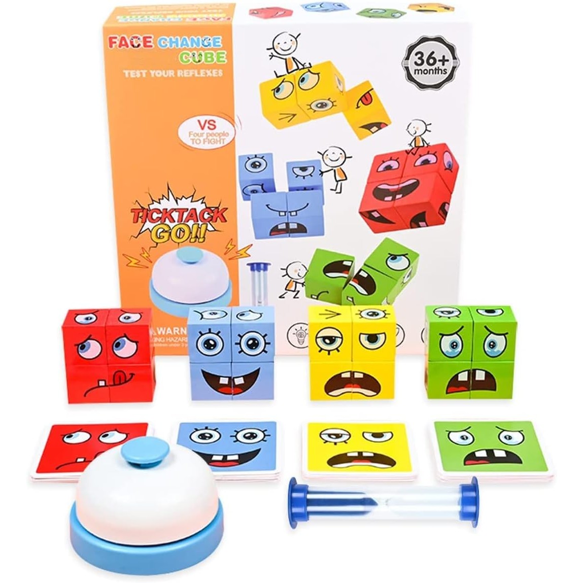 Jucarie Pentru Copii Montessori Flippy, Cub din Lemn, Asamblare Fete, 64 de Carti Distractive, Clepsidra si Clopotel inclus, pentru Baieti si Fete, Varsta +3 ani, Educativ, Cutie din carton, 21 x 21 x 5.5 cm, multicolor-0