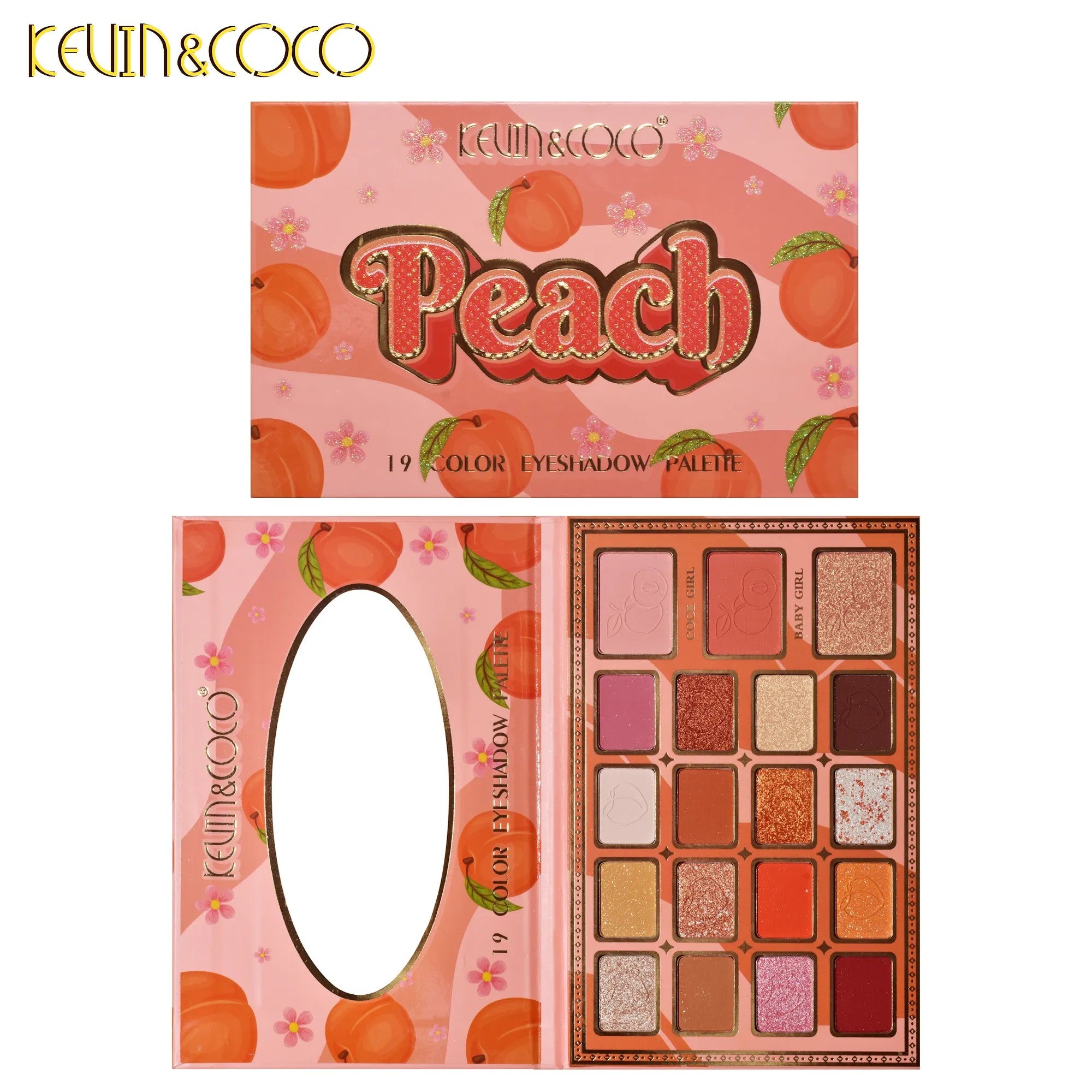 Palete de Machiaj, KEVIN & COCO, Peach, Fard de Pleoape, 19 culori, 19x13x1.5 cm-1