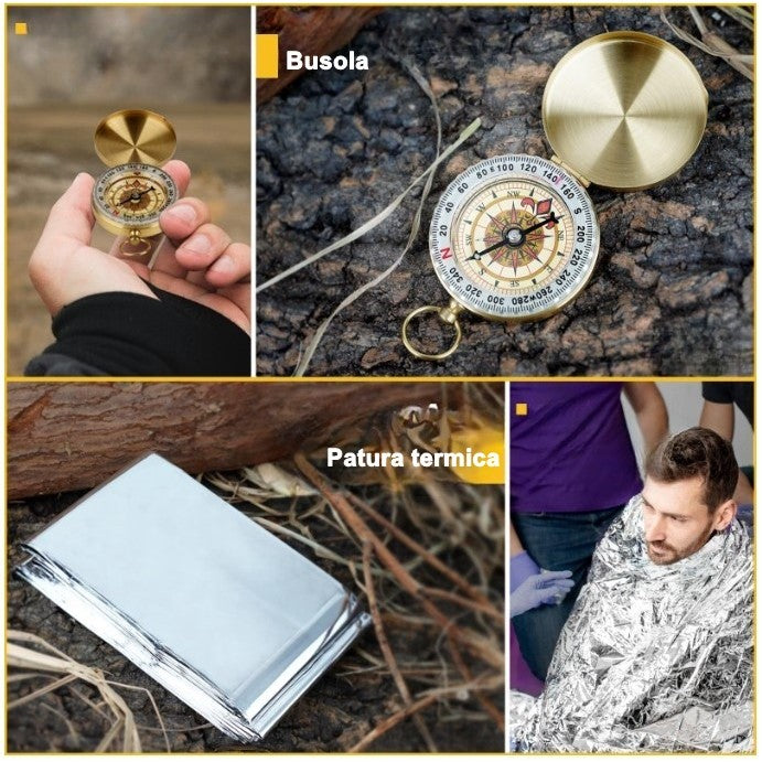 Kit supravietuire multifunctional Flippy, Instrumente profesionale, Agatatoare ghiozdan, pentru Camping, Drumetii, Aventuri in aer liber, borseta inclusa, gri-3