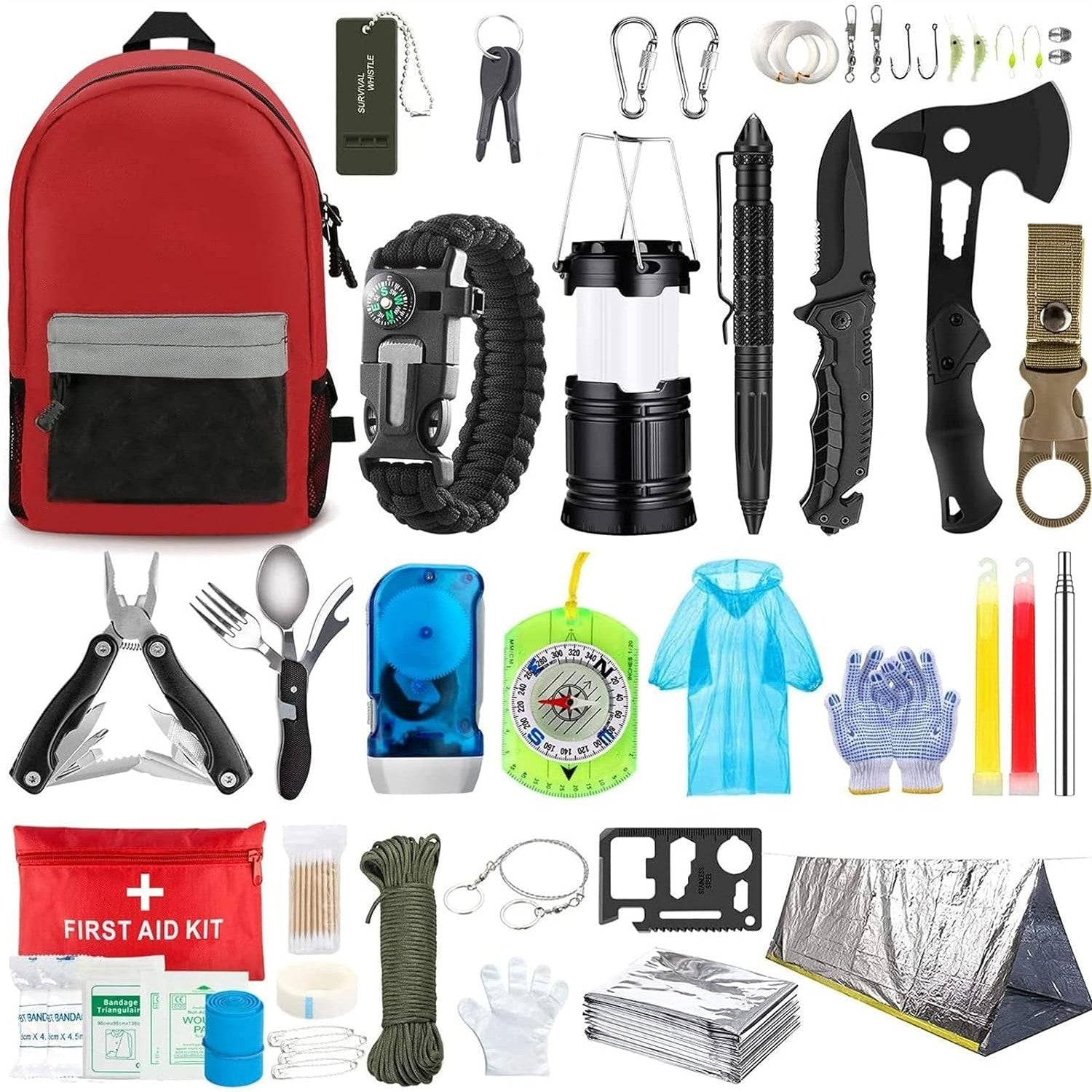 Kit supravietuire multifunctional Flippy, Instrumente profesionale, Agatatoare ghiozdan, pentru Camping, Drumetii, Aventuri in aer liber, borseta inclusa, gri-0
