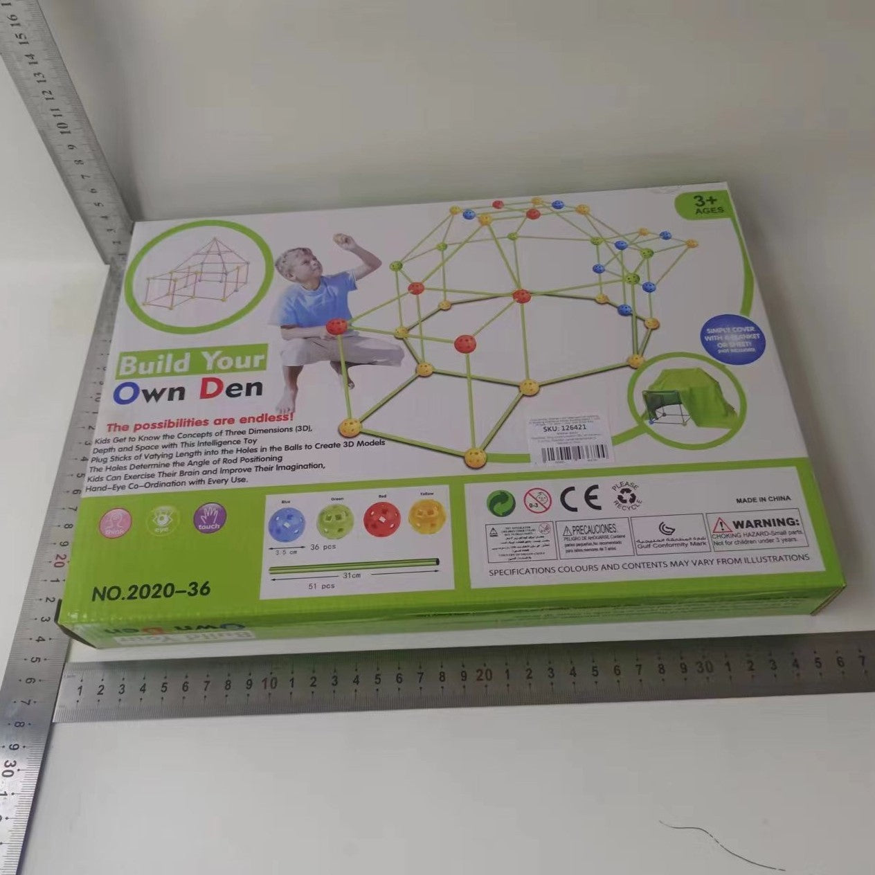 Kit de Constructie Fort 3D pentru Copii, Flippy, 560 g, 36 Sfere, 51 Tije, Panza Verde Impermeabil, 3 ani, Educativ, Multicolor-1