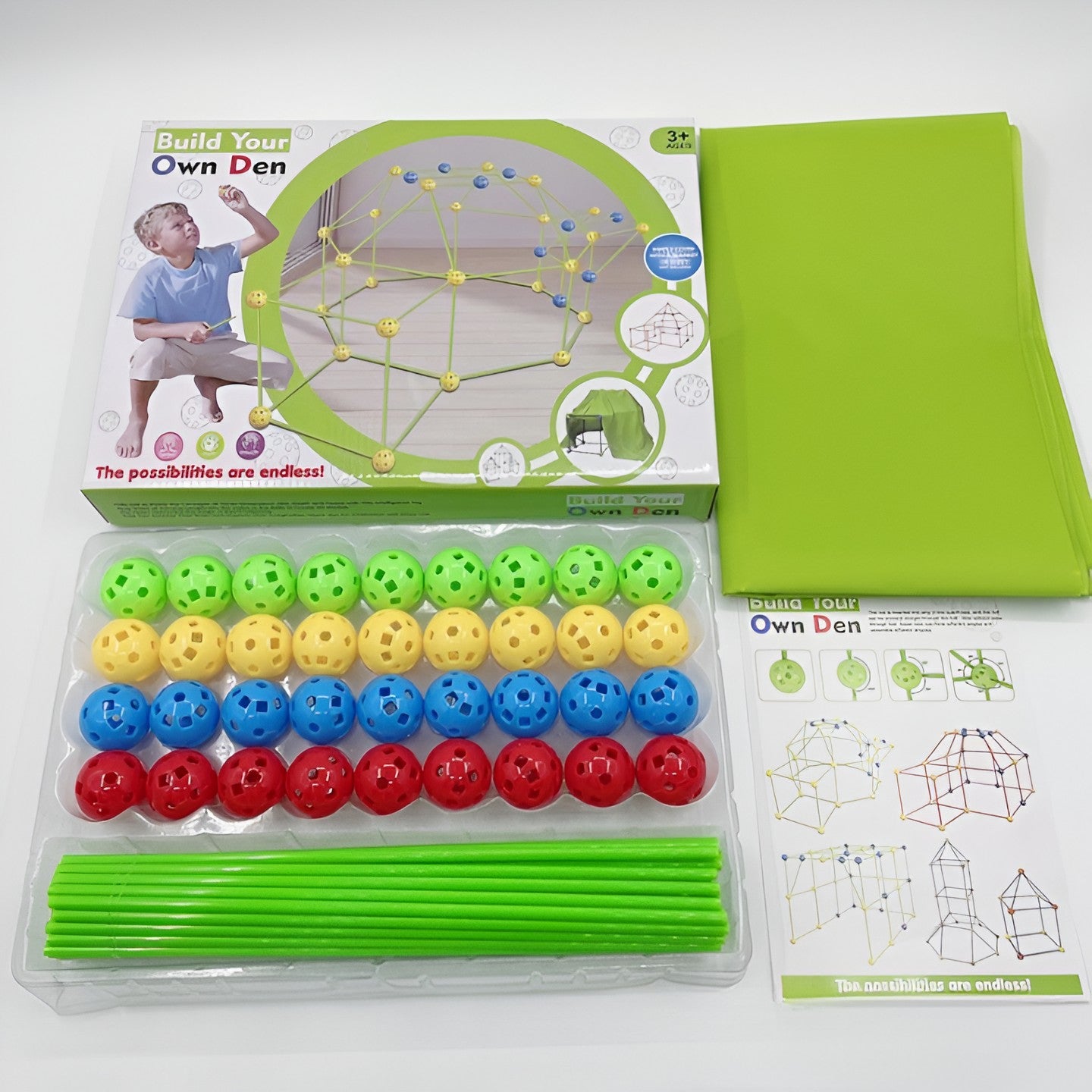 Kit de Constructie Fort 3D pentru Copii, Flippy, 560 g, 36 Sfere, 51 Tije, Panza Verde Impermeabil, 3 ani, Educativ, Multicolor-2