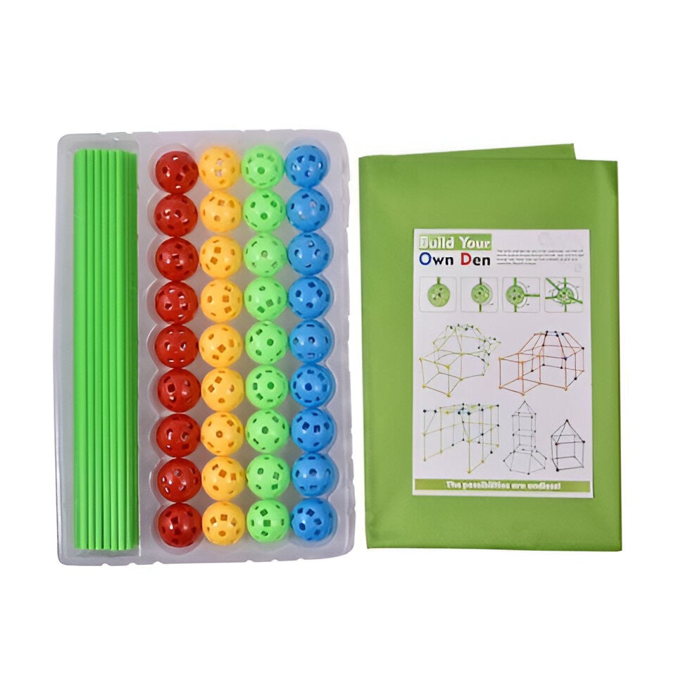 Kit de Constructie Fort 3D pentru Copii, Flippy, 560 g, 36 Sfere, 51 Tije, Panza Verde Impermeabil, 3 ani, Educativ, Multicolor-3