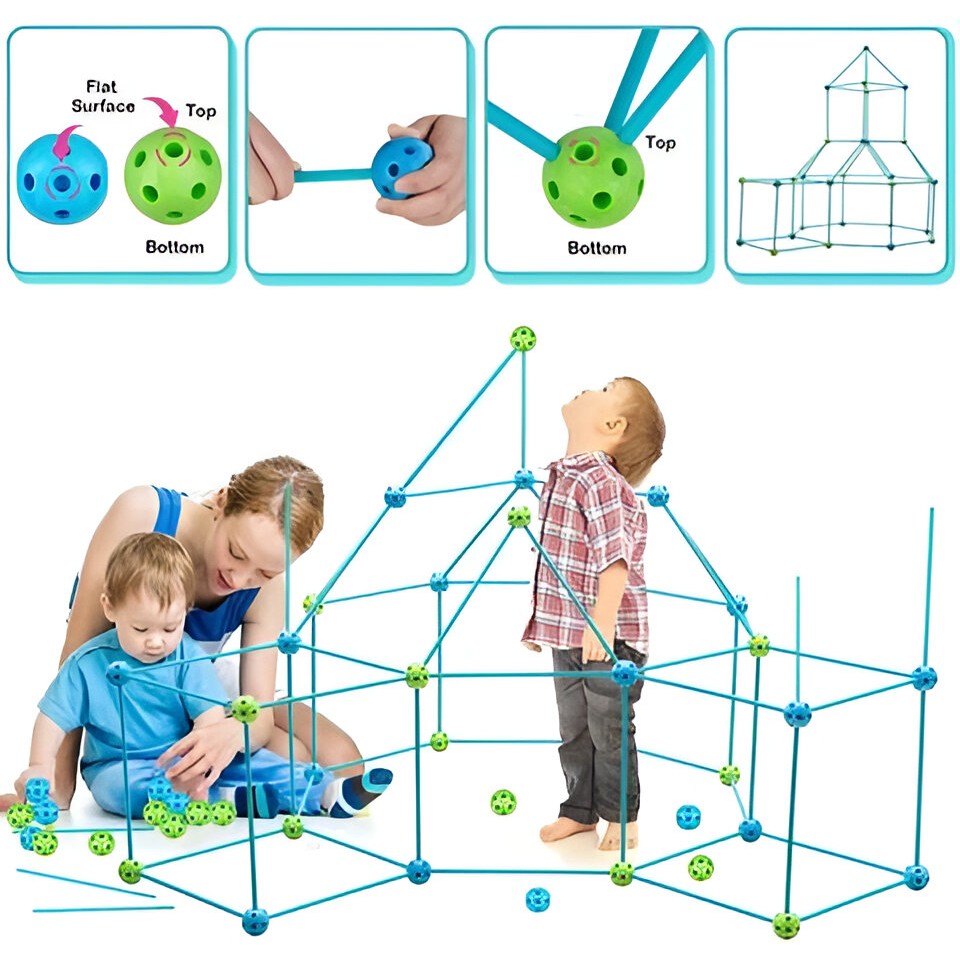 Kit de Constructie Fort 3D pentru Copii, Flippy, 560 g, 36 Sfere, 51 Tije, Panza Verde Impermeabil, 3 ani, Educativ, Multicolor-4