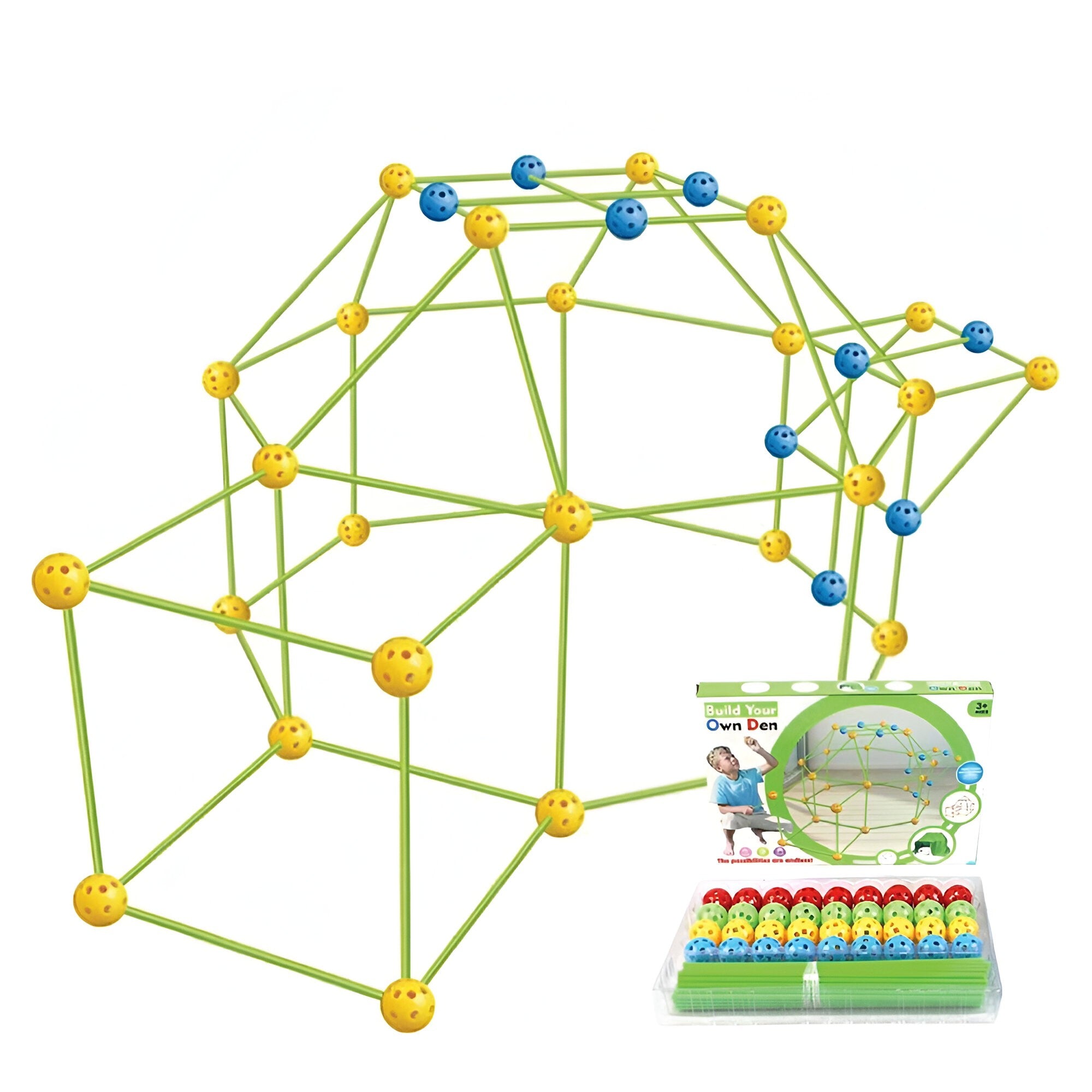 Kit de Constructie Fort 3D pentru Copii, Flippy, 560 g, 36 Sfere, 51 Tije, Panza Verde Impermeabil, 3 ani, Educativ, Multicolor-0