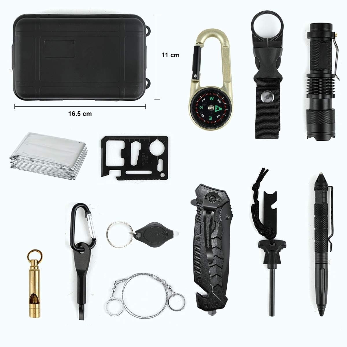 Kit supravietuire 19 in 1 Flippy, Cutit/Busola/Lanterna/Fluier/Chingi/Paracord, pentru Caping, Drumetii, Aventuri, Insturmente profesionale, Negru-5