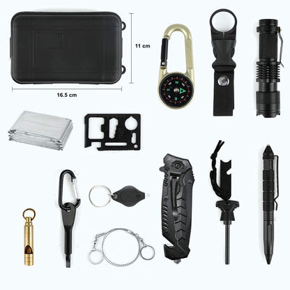 Kit supravietuire 19 in 1 Flippy, Cutit/Busola/Lanterna/Fluier/Chingi/Paracord, pentru Caping, Drumetii, Aventuri, Insturmente profesionale, Negru-5