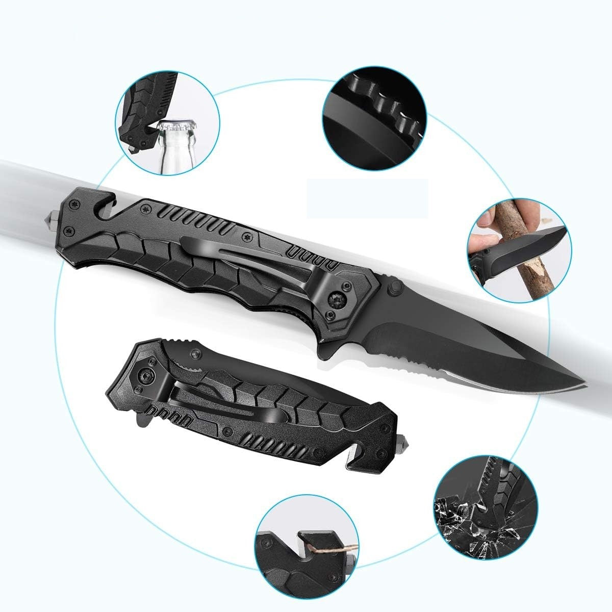 Kit supravietuire 19 in 1 Flippy, Cutit/Busola/Lanterna/Fluier/Chingi/Paracord, pentru Caping, Drumetii, Aventuri, Insturmente profesionale, Negru-6