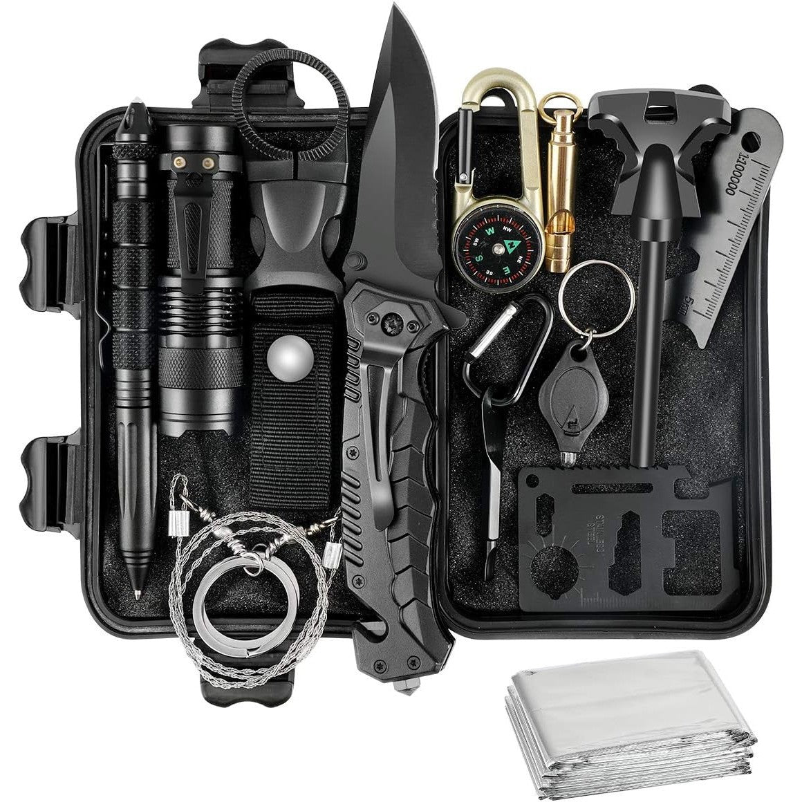 Kit supravietuire 19 in 1 Flippy, Cutit/Busola/Lanterna/Fluier/Chingi/Paracord, pentru Caping, Drumetii, Aventuri, Insturmente profesionale, Negru-0