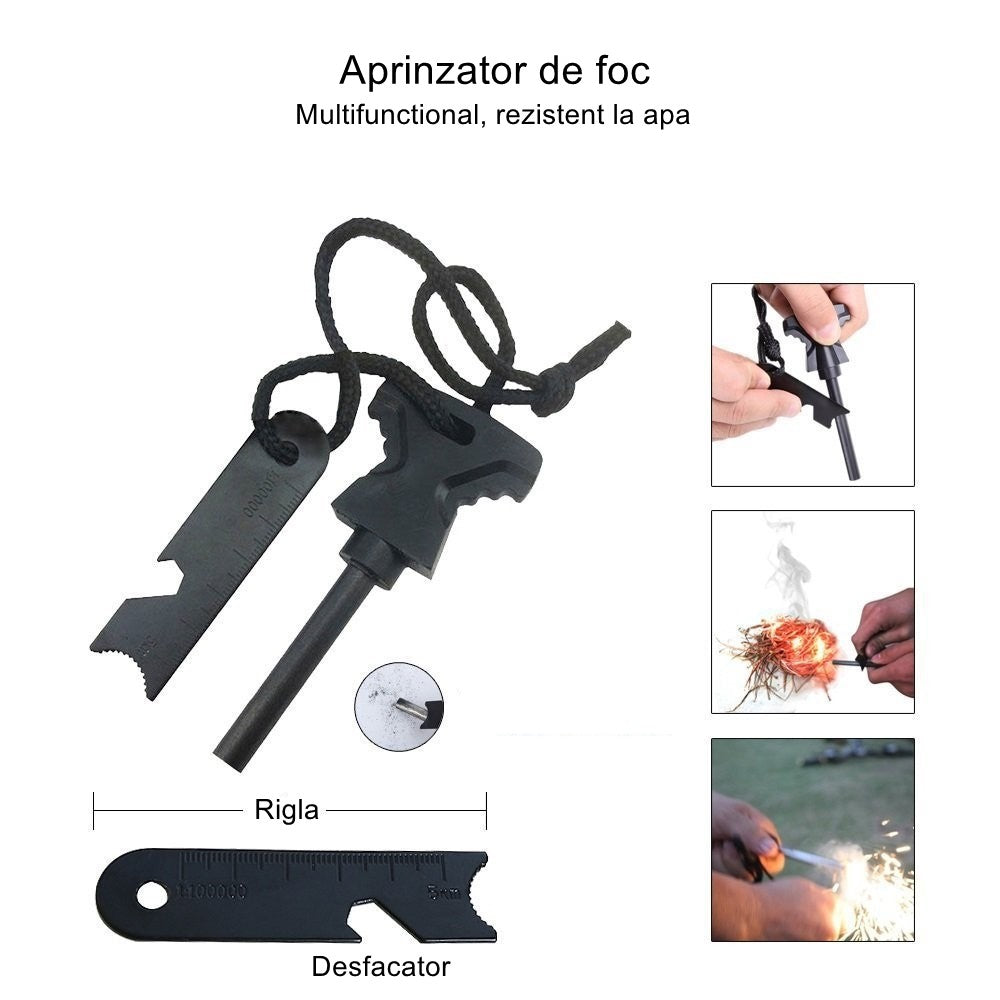 Kit supravietuire multifuncional Flippy, 42 de Instrumente Profesionale, Echipament de prim-ajutor, Drumetie, Camping, Negru-7