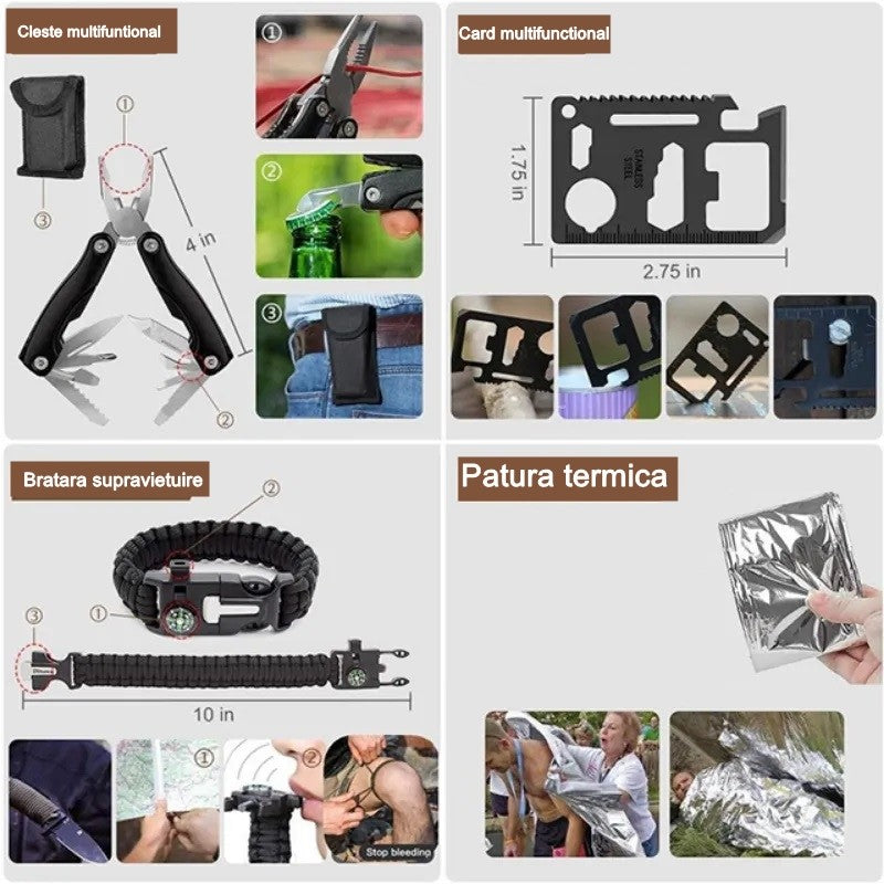 Kit supravietuire multifuncional Flippy, 42 de Instrumente Profesionale, Echipament de prim-ajutor, Drumetie, Camping-1