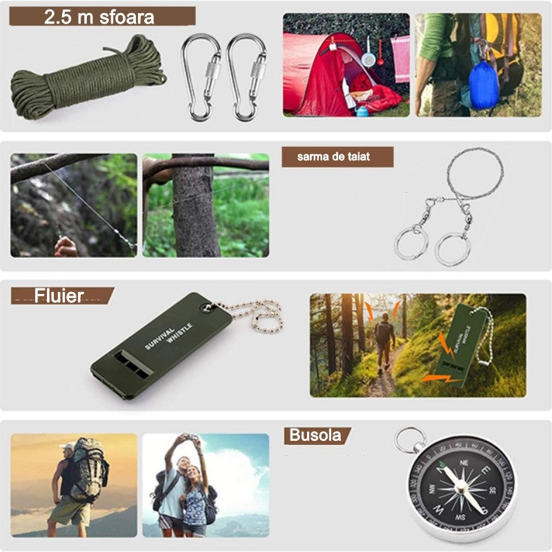Kit supravietuire multifuncional Flippy, 42 de Instrumente Profesionale, Echipament de prim-ajutor, Drumetie, Camping-2