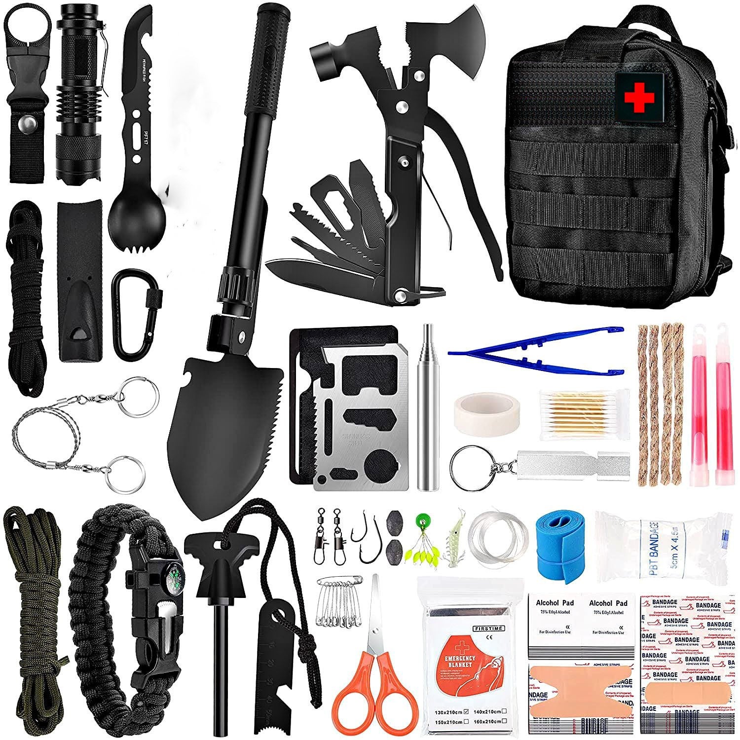 Kit supravietuire multifuncional Flippy, 42 de Instrumente Profesionale, Echipament de prim-ajutor, Drumetie, Camping, Negru-0