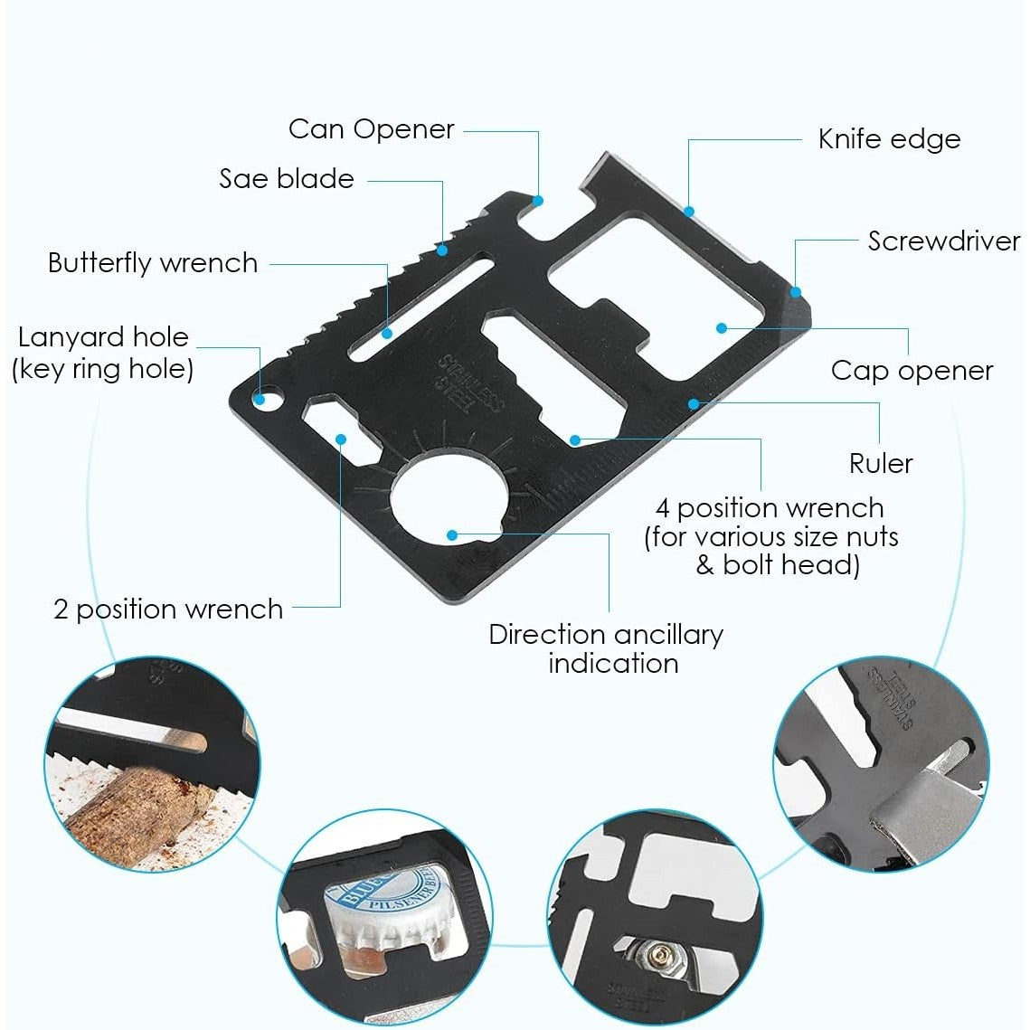 Kit supravietuire multifunctional 13 in 1 Flippy, Instrumente profesionale, agatatoare ghiozdan, pentru Camping, Drumetii, Aventuri in aer liber, borseta inclusa, model cutie, negru-4