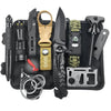 Kit supravietuire multifunctional 13 in 1 Flippy, Instrumente profesionale, agatatoare ghiozdan, pentru Camping, Drumetii, Aventuri in aer liber, borseta inclusa, model cutie, negru-0