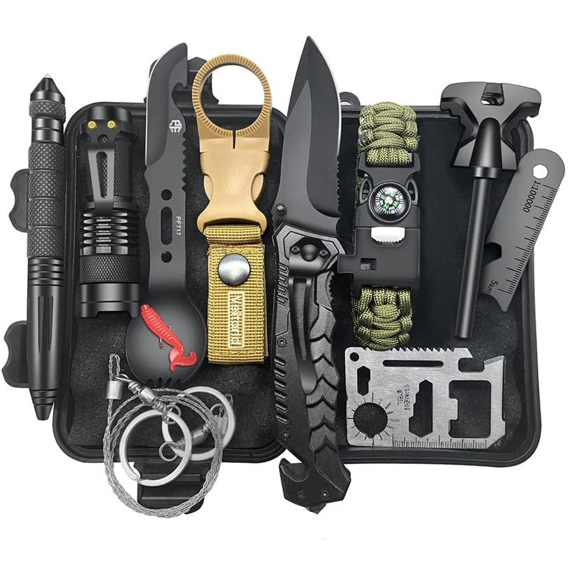 Kit supravietuire multifunctional 13 in 1 Flippy, Instrumente profesionale, agatatoare ghiozdan, pentru Camping, Drumetii, Aventuri in aer liber, borseta inclusa, model cutie, negru-0