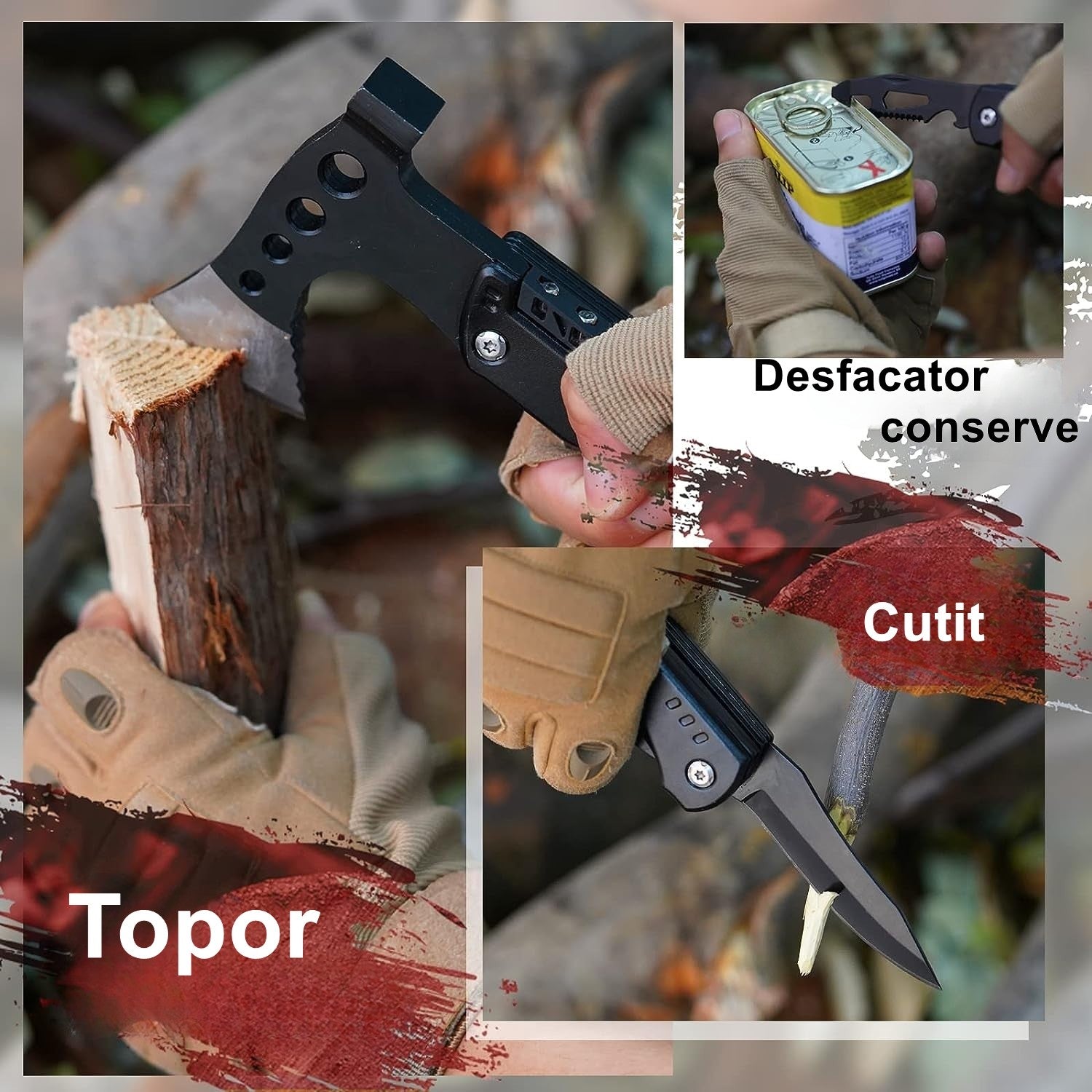 Kit supravietuire multifunctional 16 in 1 Flippy, Instrumente profesionale, Agatatoare ghiozdan, pentru Camping, Drumetii, Aventuri in aer liber, borseta inclusa, negru-6