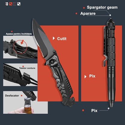 Kit supravietuire multifunctional 16 in 1 Flippy, Instrumente profesionale, Agatatoare ghiozdan, pentru Camping, Drumetii, Aventuri in aer liber, borseta inclusa, negru-8