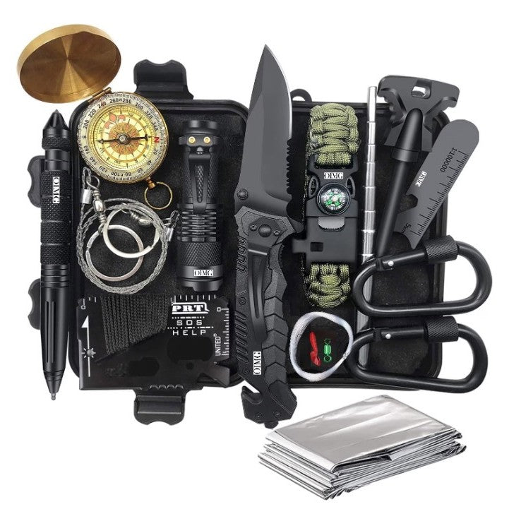 Kit supravietuire multifunctional 16 in 1 Flippy, Instrumente profesionale, Agatatoare ghiozdan, pentru Camping, Drumetii, Aventuri in aer liber, borseta inclusa, negru-0