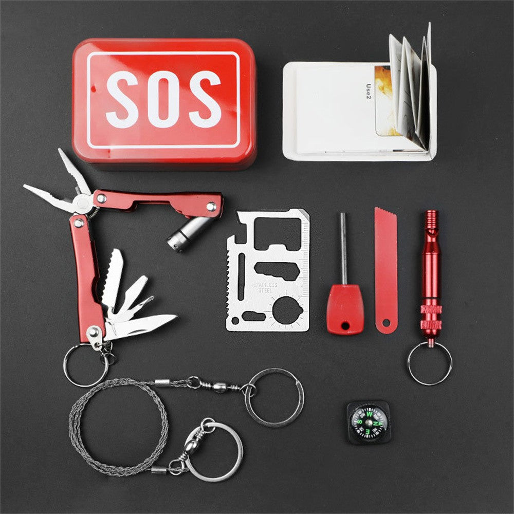 Kit supravietuire multifunctional Flippy, Instrumente profesionale, tip cutie, pentru Camping, Drumetii, Aventuri in aer liber, borseta inclusa, rosu-1