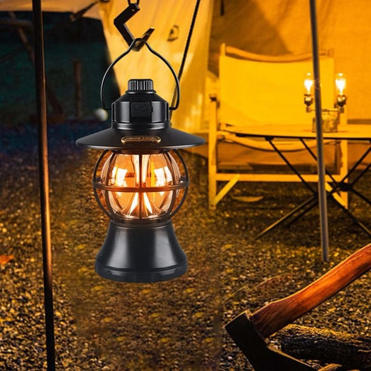 Lampă de camping retro portabilă, Felinar Vintage LED ABS, Acumulator inclus 1200 mAh, reincarcabila, 20 cm inaltime, 3 moduri de iluminare, intensitate reglabila,Lampa portabila pentru cort în aer liber, Negru-1